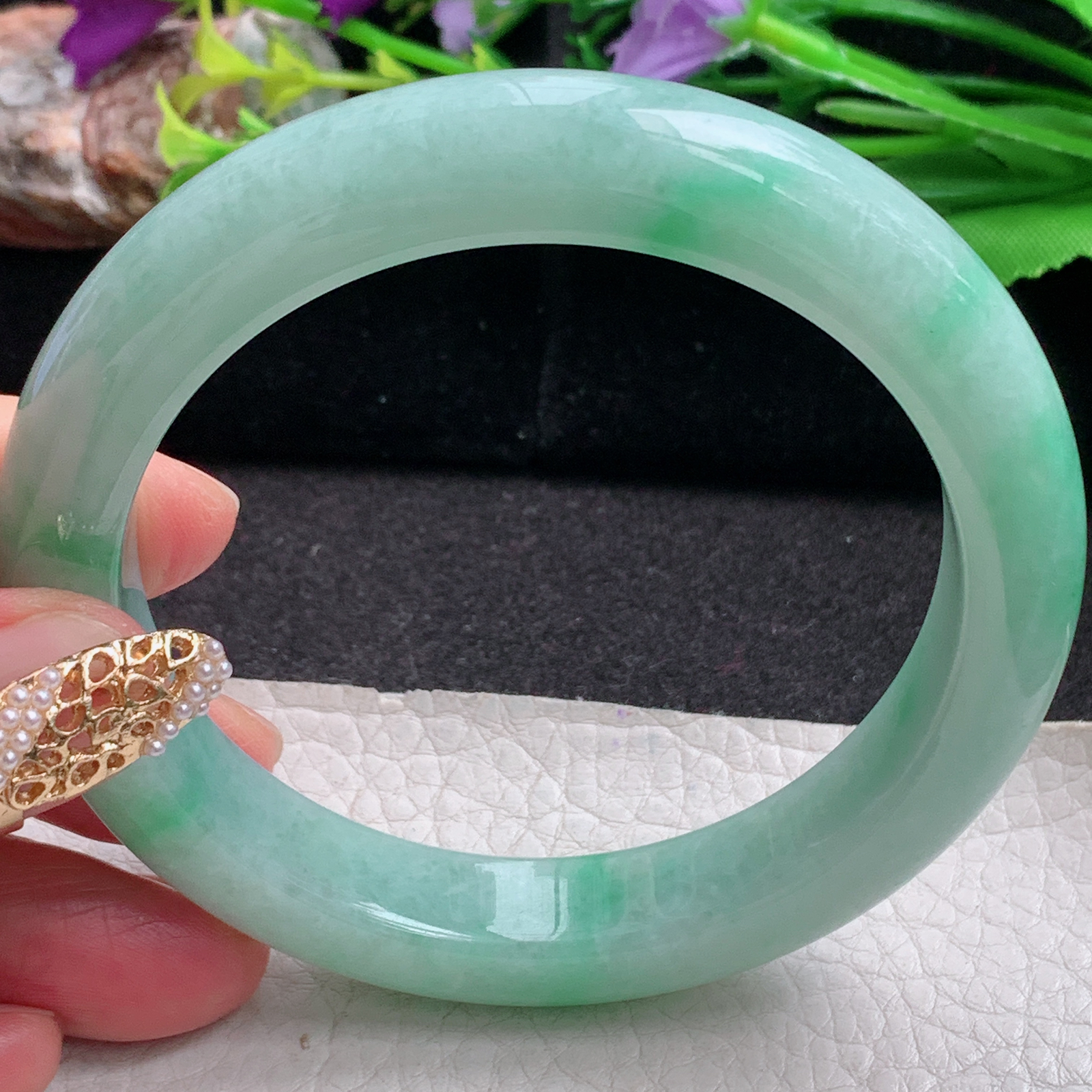 nr大圈口61.5*12.2*10平安镯 天然缅甸翡翠a货手镯飘绿水润大气玉镯子