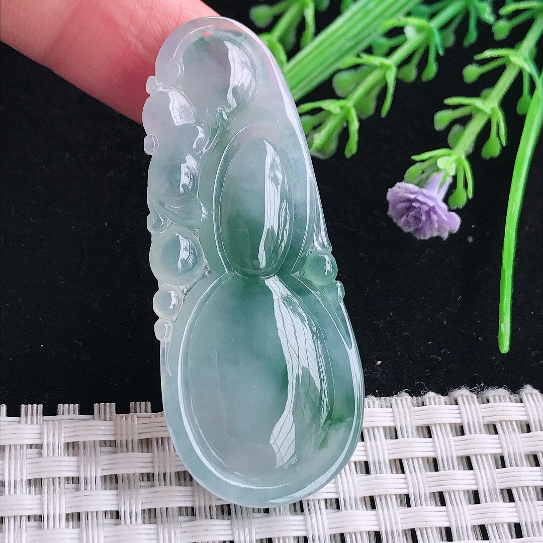 实拍a货翡翠54.7/23/6.3老坑冰胶飘花葫芦吊坠翡翠玉坠挂件