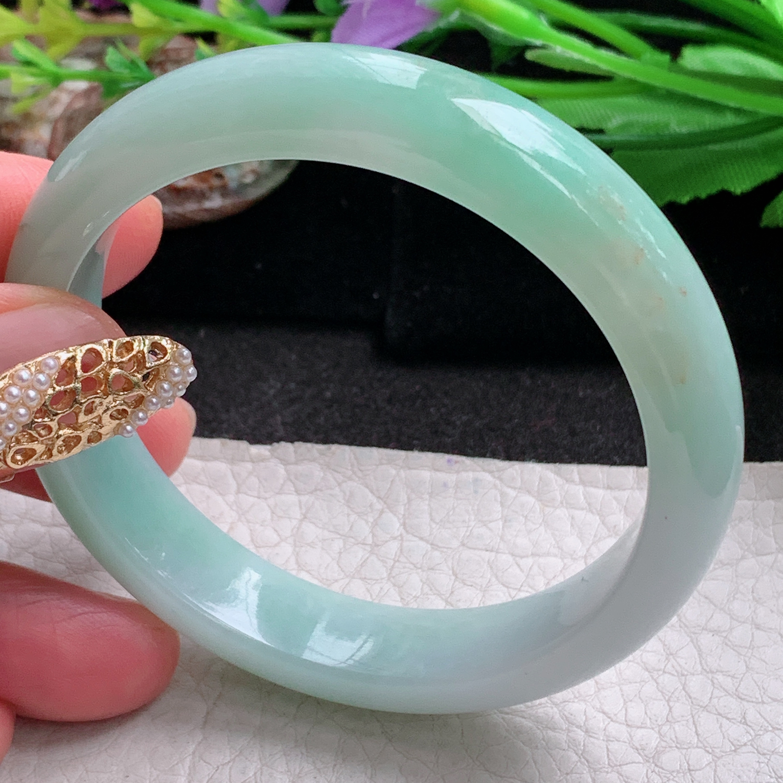 nr实拍54*12*7.3平安镯 天然缅甸翡翠a货手镯飘绿水润正圈玉镯子