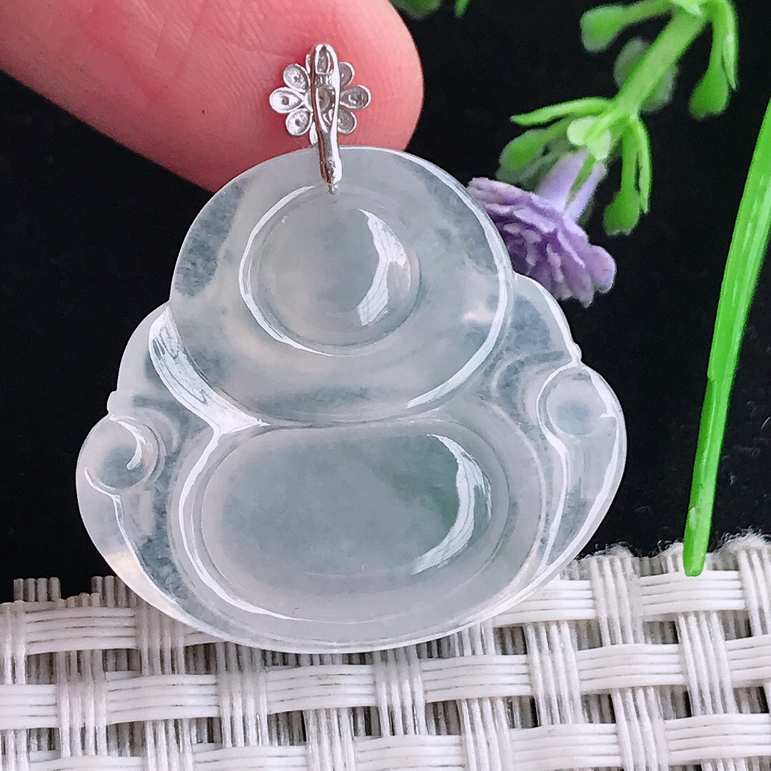 实拍天然a货翡翠26.3/29/5.9老坑18k金镶嵌白冰种佛公吊坠翡翠玉坠挂件