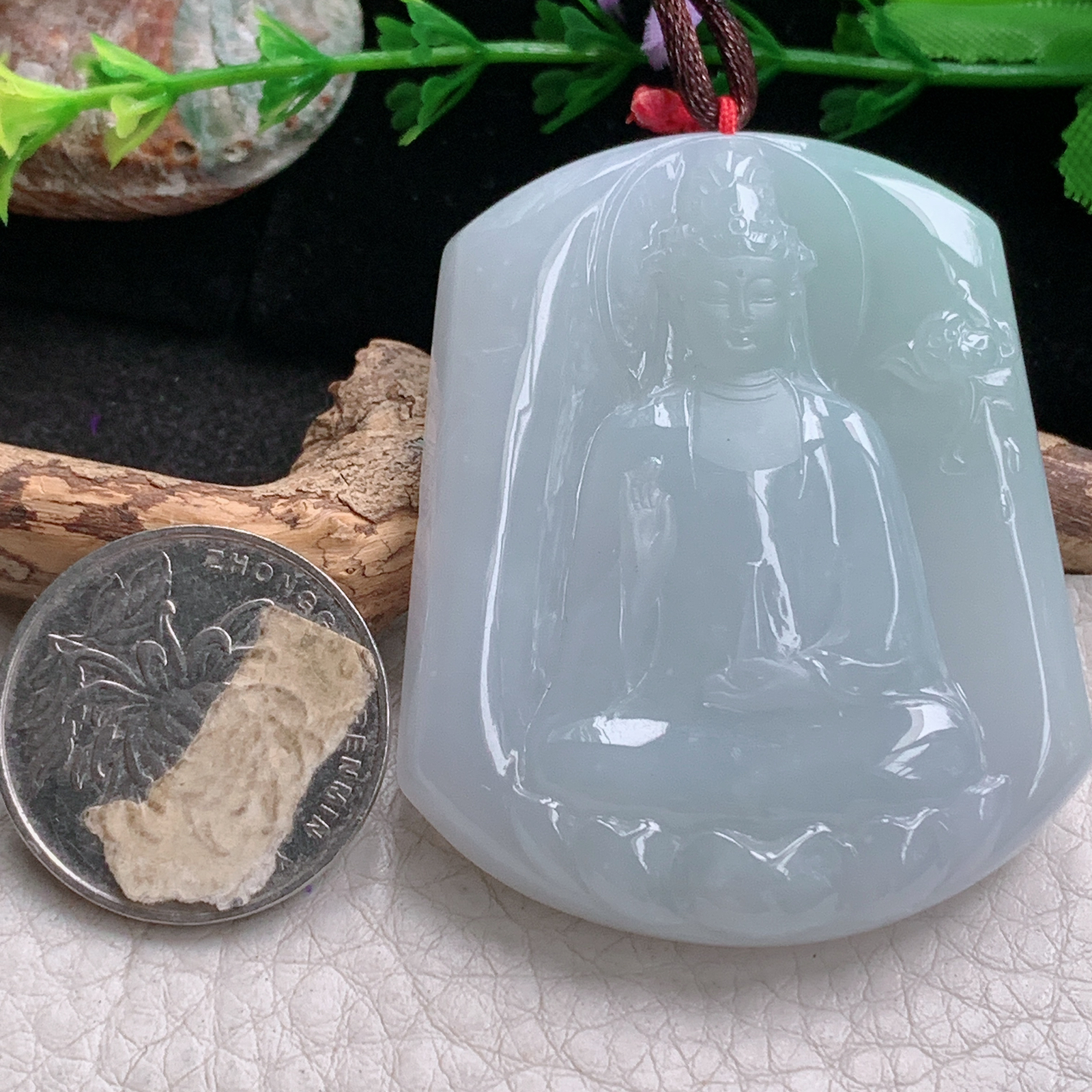 Bg实拍52.2*44*9缅甸翡翠净瓶观音菩萨吊坠