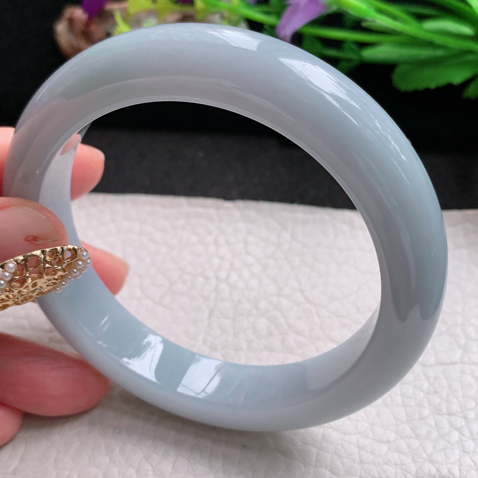 z大圈口61*13*9.6平安镯 天然缅甸翡翠a货手镯淡紫大气厚装正圈玉镯子