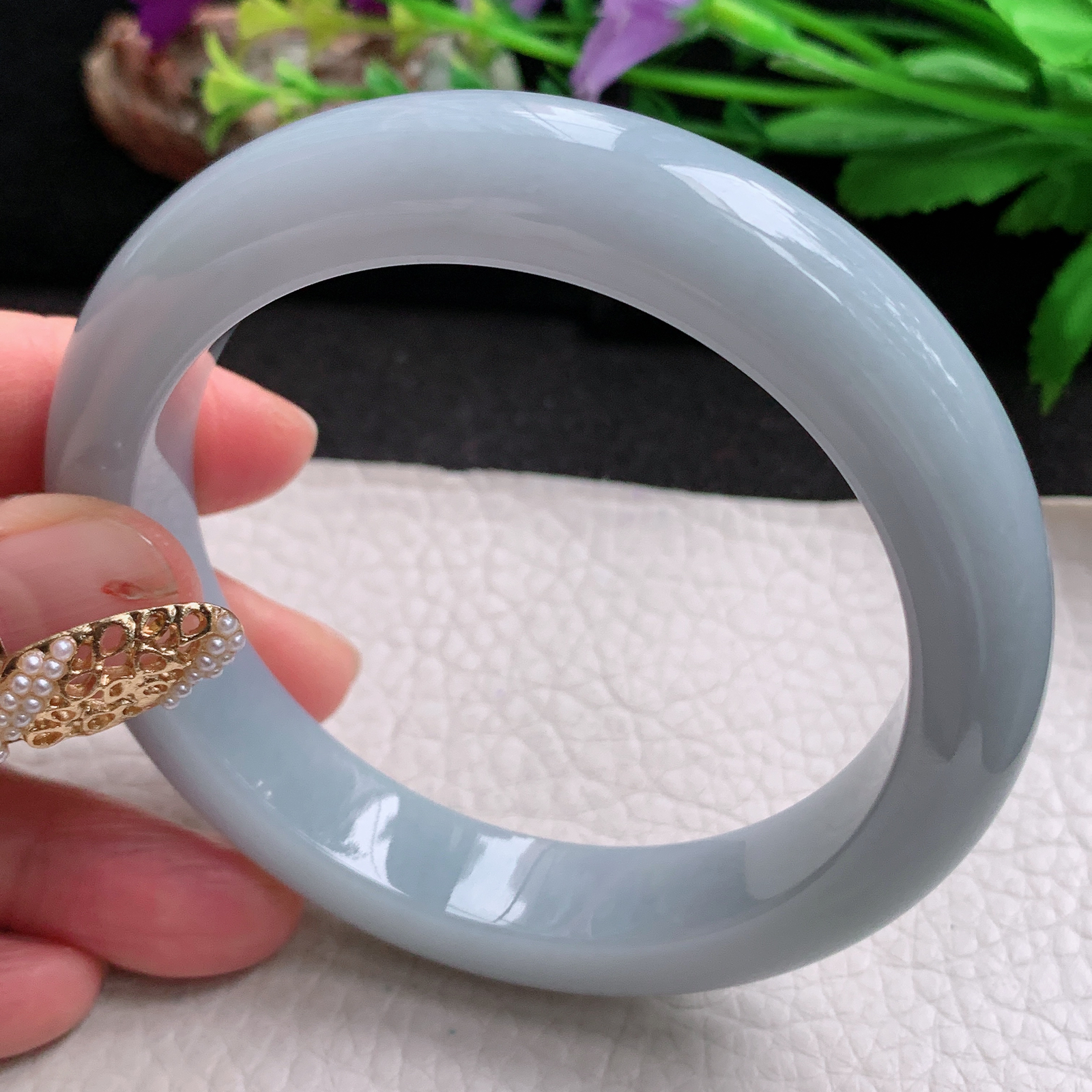 z大圈口61*13*9.6平安镯 天然缅甸翡翠a货手镯淡紫大气厚装正圈玉镯子