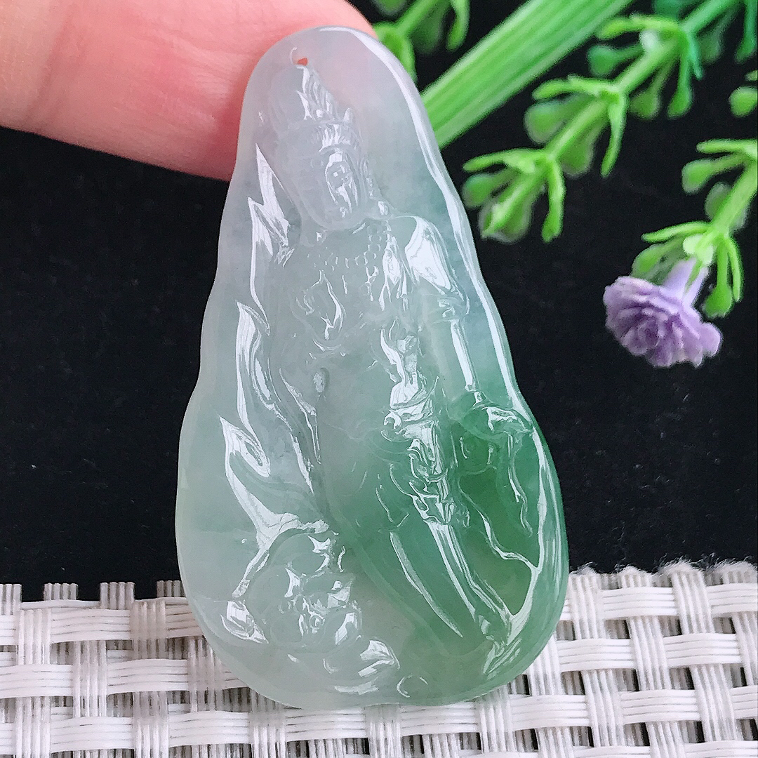 实拍a货翡翠49.5/28.3/5.8老坑冰润起胶飘花赐福观音吊坠翡翠玉坠挂件