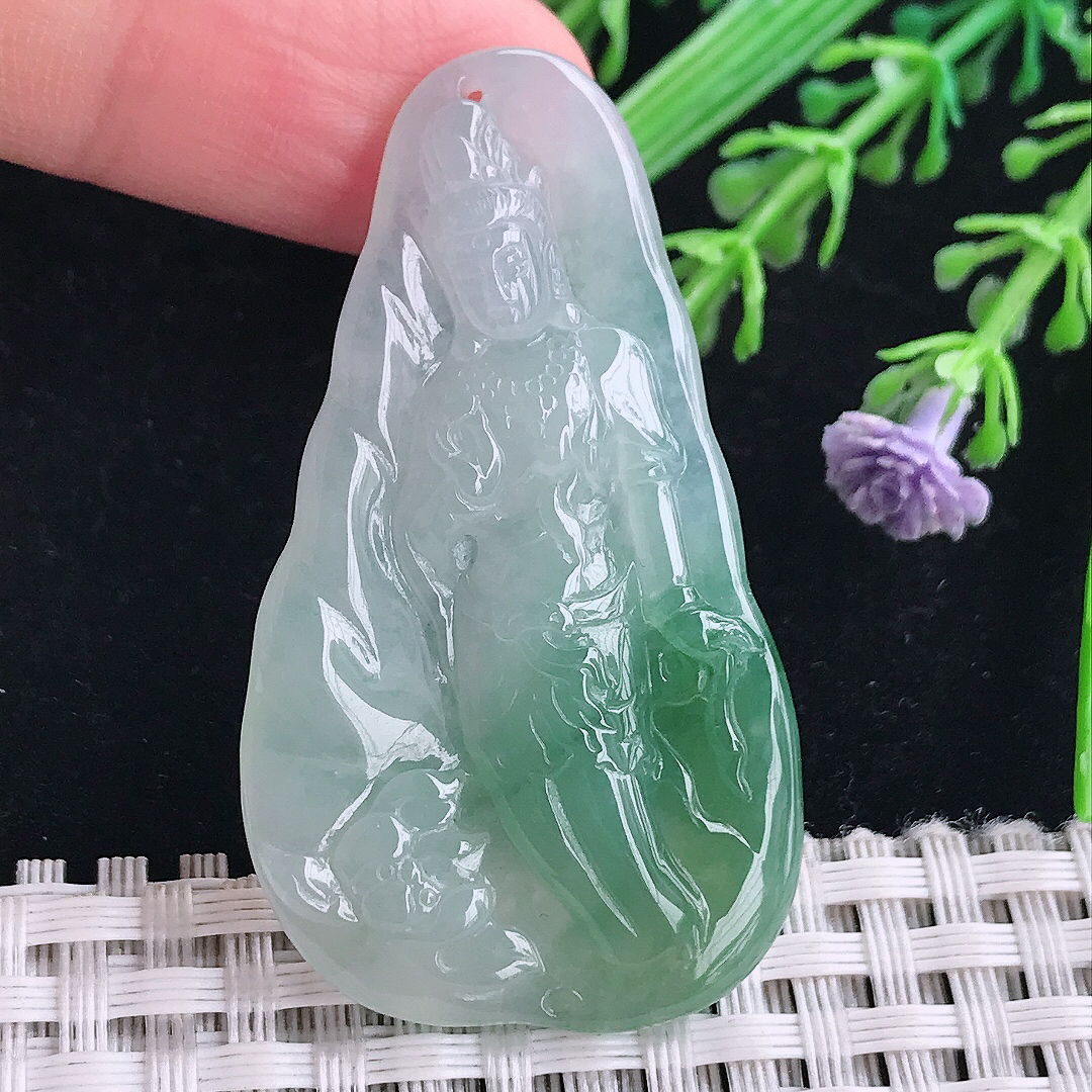 实拍a货翡翠49.5/28.3/5.8老坑冰润起胶飘花赐福观音吊坠翡翠玉坠挂件