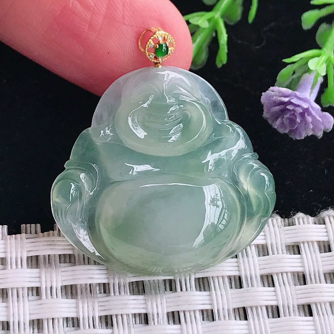 实拍a货翡翠26.2/28.3/5.3老坑18k金镶嵌冰晴绿佛公吊坠翡翠玉坠挂件