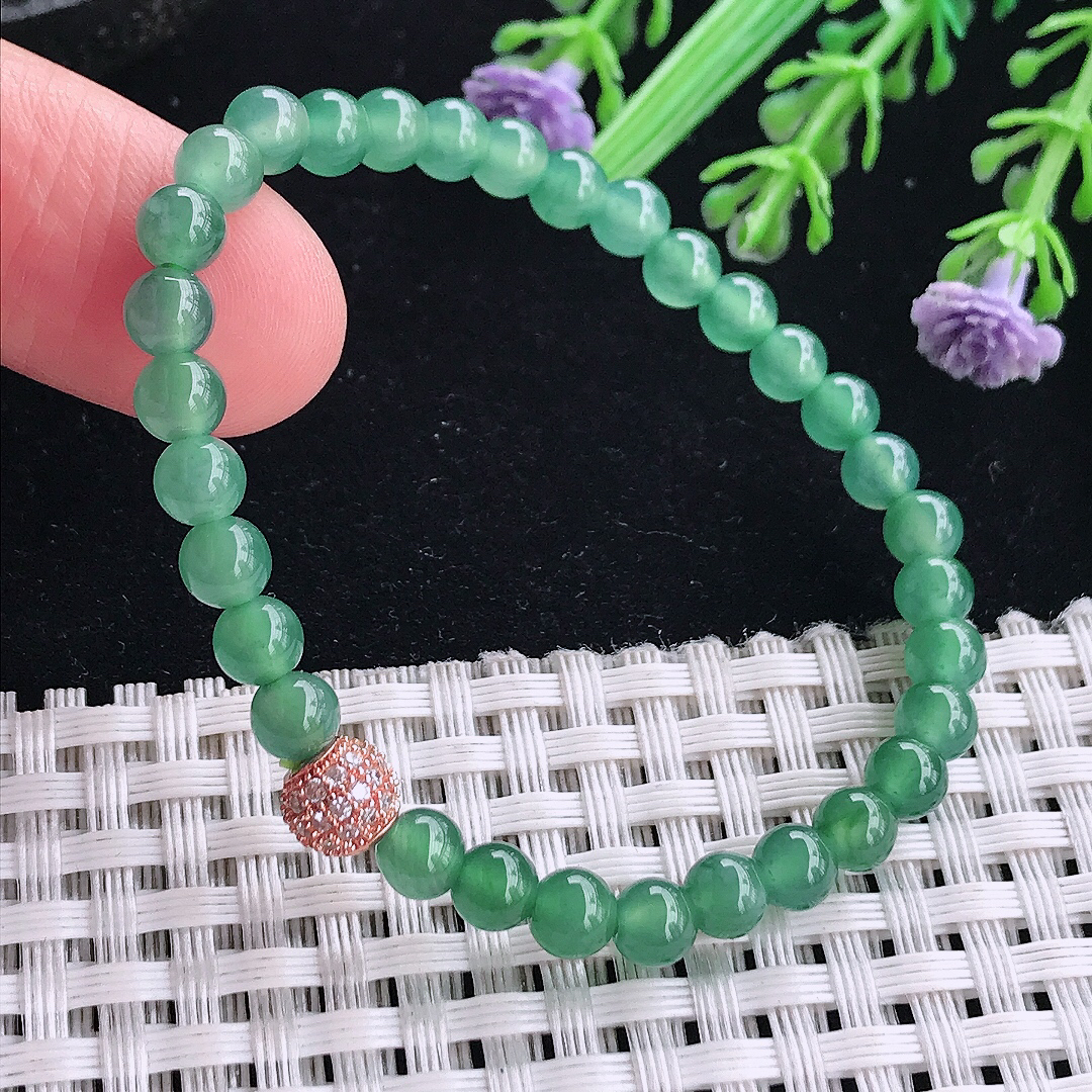 自然光5/32颗老坑冰润起胶满色蓝韵圆珠手链翡翠珠链手串百搭