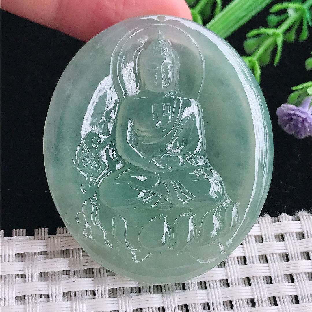 实拍a货翡翠49.7/42.5/6老坑冰胶果冻冰晴绿大日如来佛祖吊坠翡翠玉坠挂件