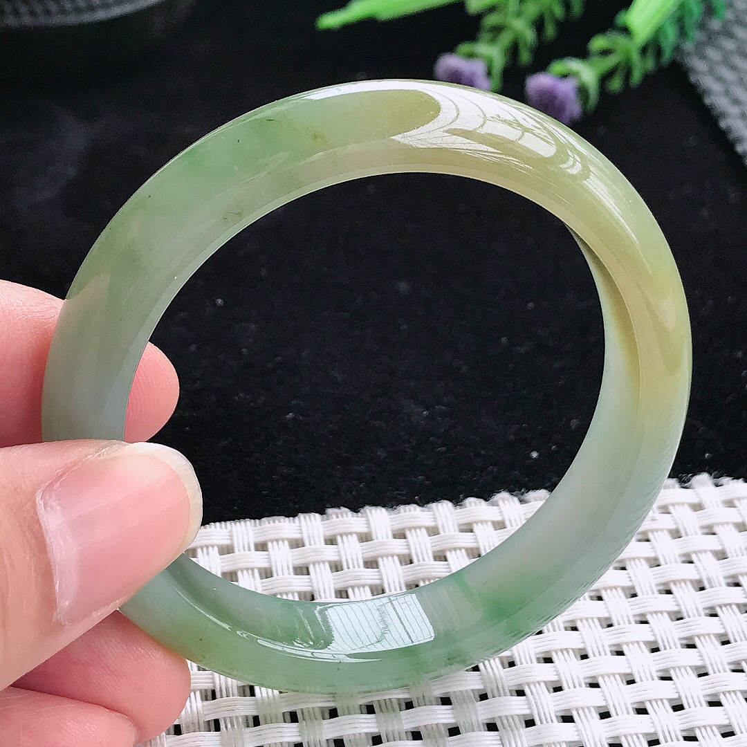 实拍A货翡翠52/11.2/7.5老坑冰胶果冻飘花黄翡手镯宽边玉镯平安镯