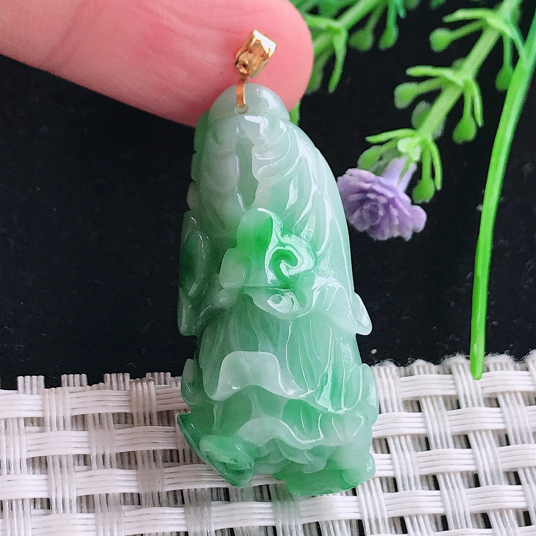 实拍a货翡翠39.8/18.5/14.5老坑18k金镶嵌精美飘绿白菜吊坠翡翠玉坠挂件