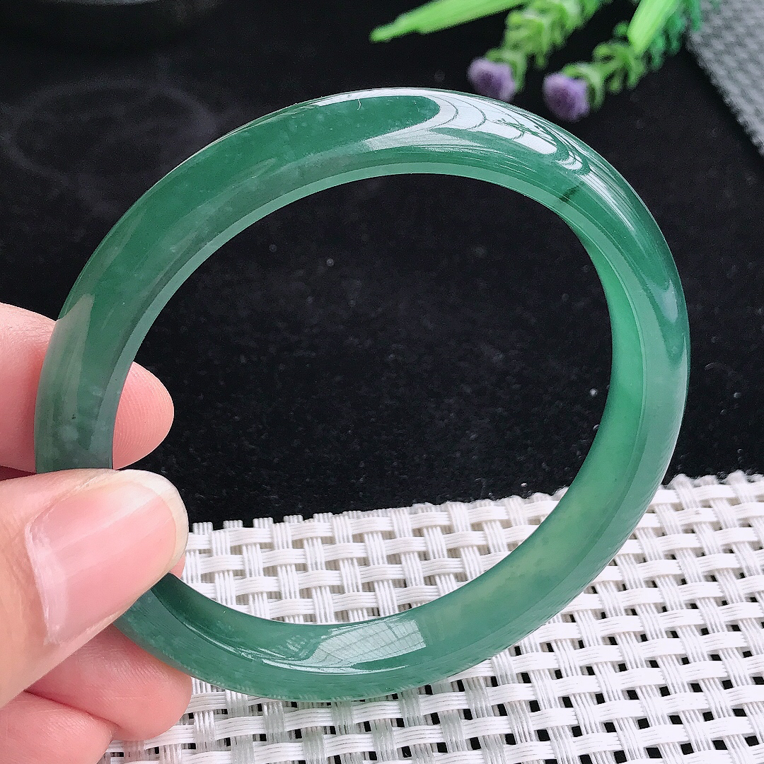 实拍A货翡翠59/10.1/7.8老坑冰透起胶满色蓝韵手镯宽边玉镯平安镯