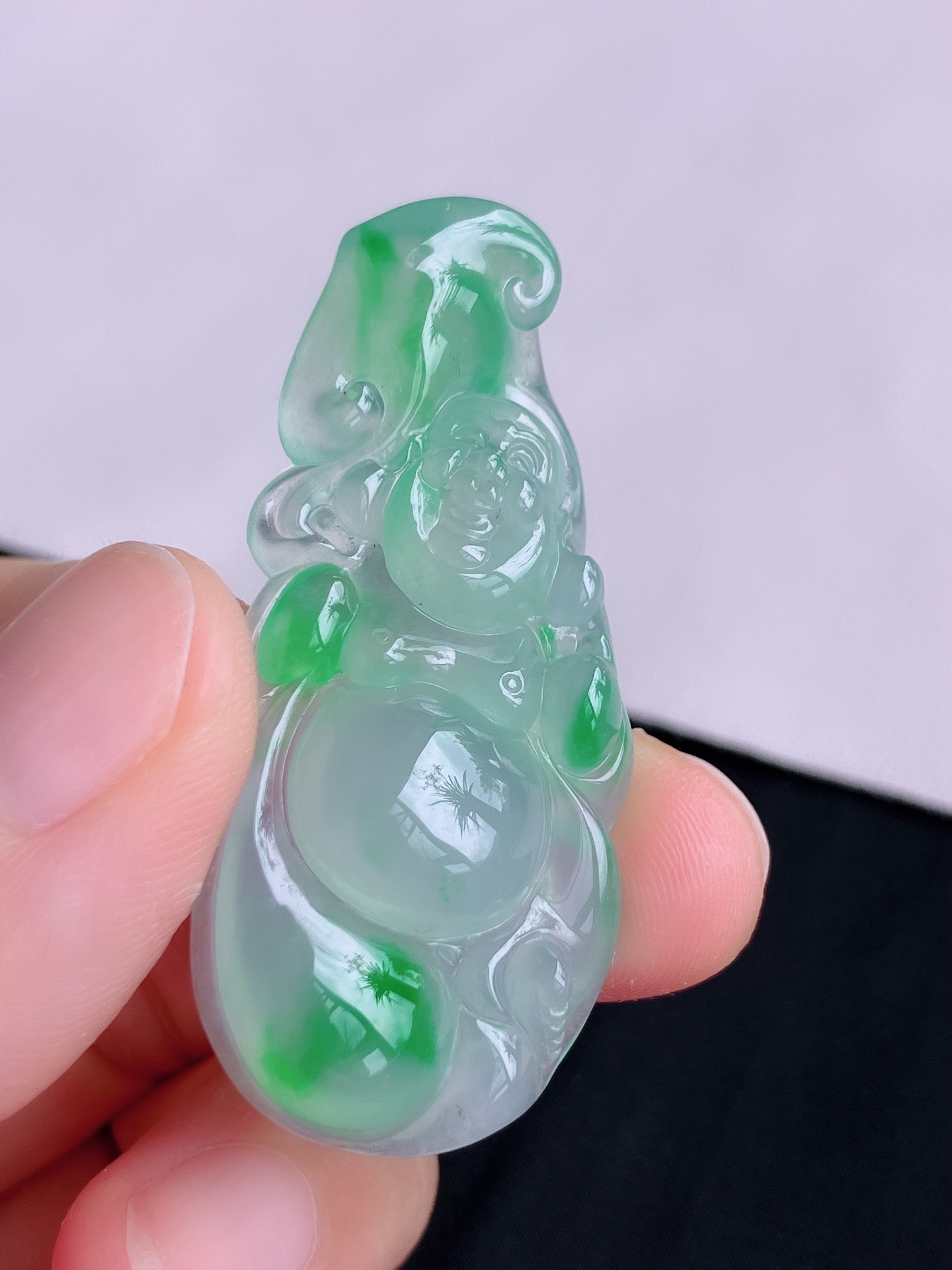 ️，冰飘绿布袋佛，晶莹剔透，色美清爽，尺寸47.6/22/7.3/自然光实拍