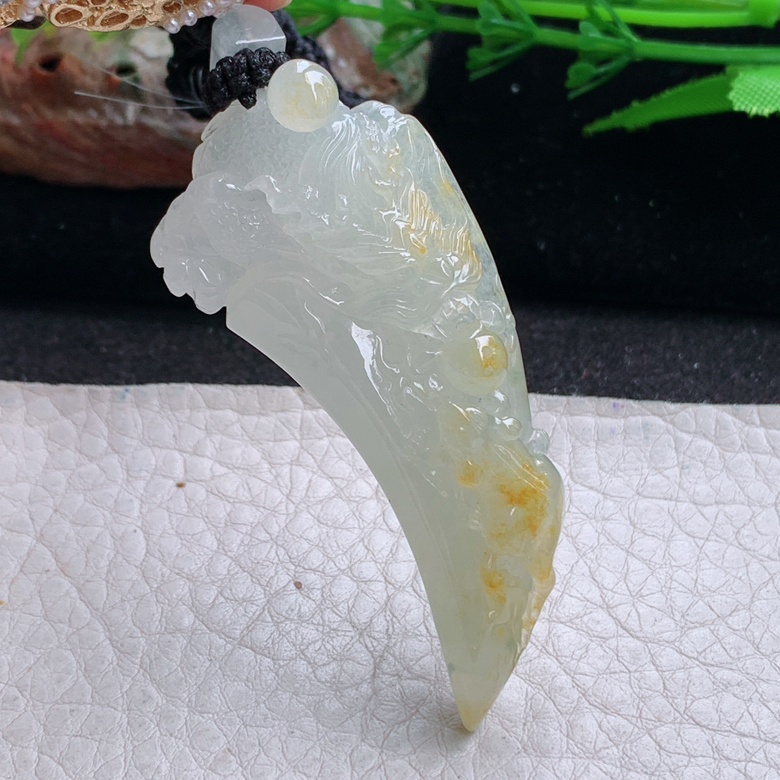 yl实拍56*24.2*10缅甸翡翠冰黄生意兴隆龙牙 龙牌玉吊坠 玉挂件