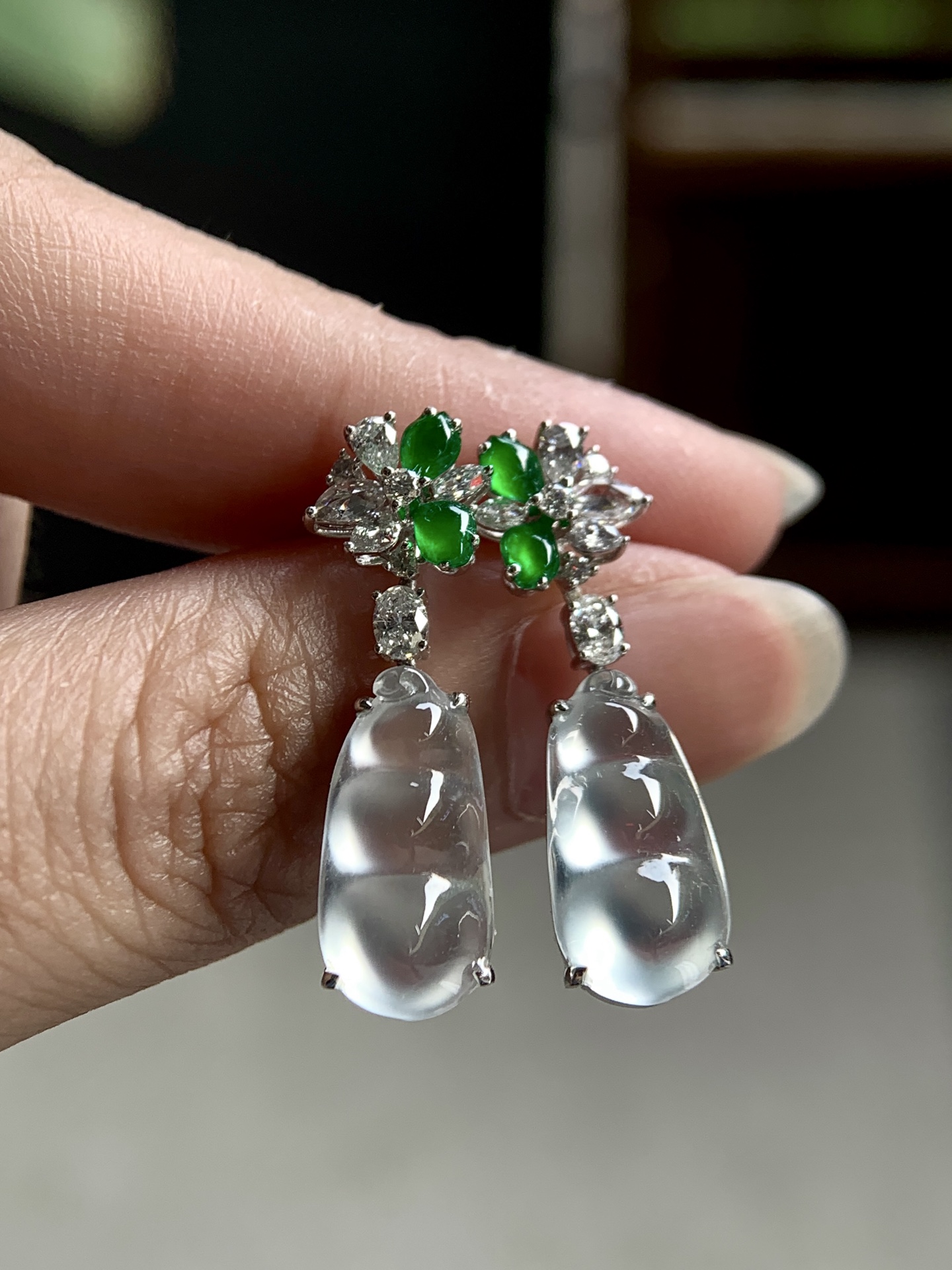 ️ 18k金镶嵌冰福豆耳坠，灵动摇曳，诠释东方雅致尺寸26.5/7.2/5.4，裸石尺寸14.8/7.5