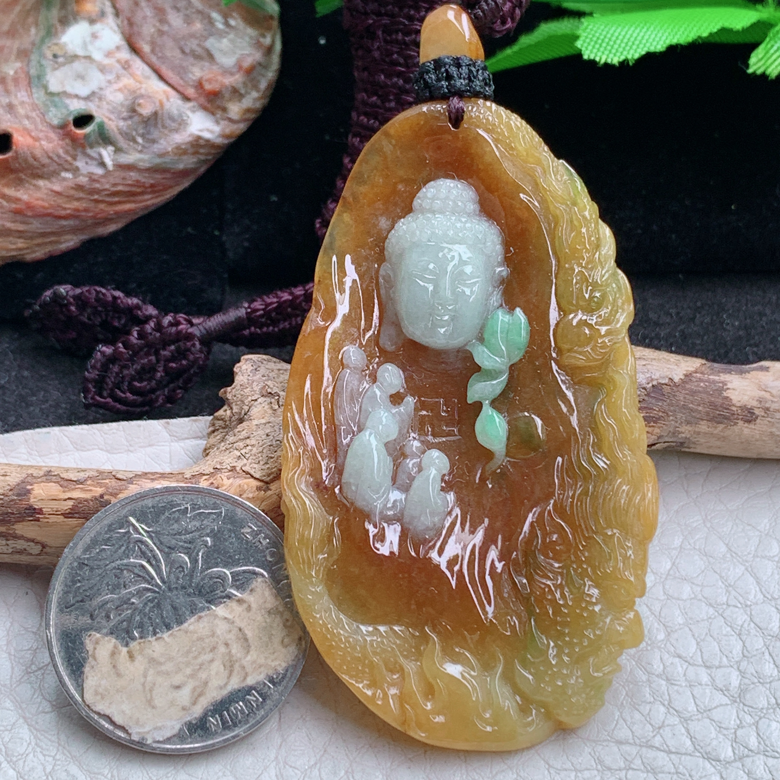 yl实拍61*36*8.2特色缅甸翡翠双彩立体雕花开见佛 普度众生玉吊坠 玉挂件