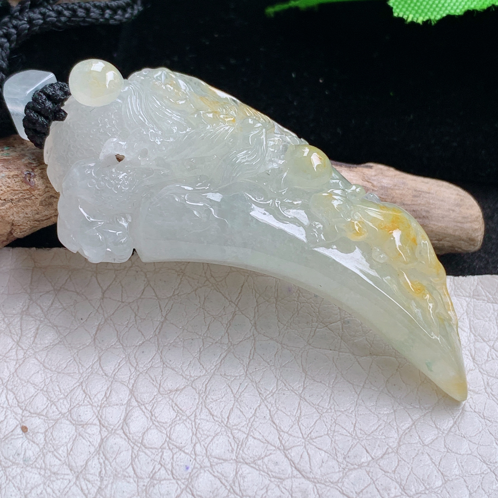 yl实拍56*24.2*10缅甸翡翠冰黄生意兴隆龙牙 龙牌玉吊坠 玉挂件