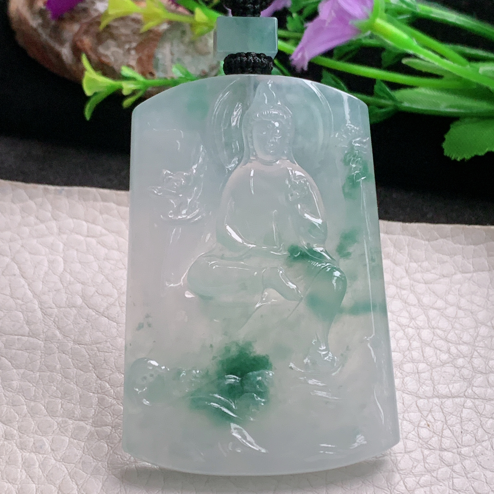 yl实拍66.5*45.8*6.3缅甸翡翠冰飘花观音玉坠 观世音菩萨