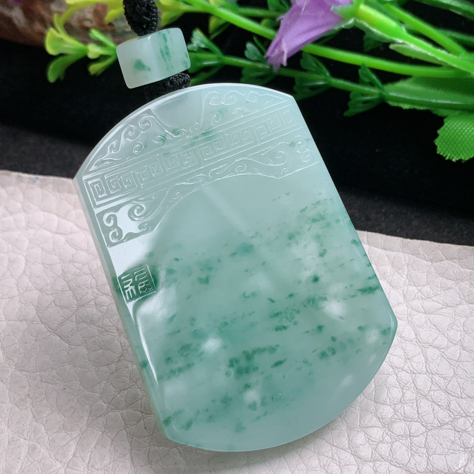 Mut实拍53.8*39.6*5.8缅甸翡翠冰飘花平安无事牌吊坠雕花复古祥云平安牌