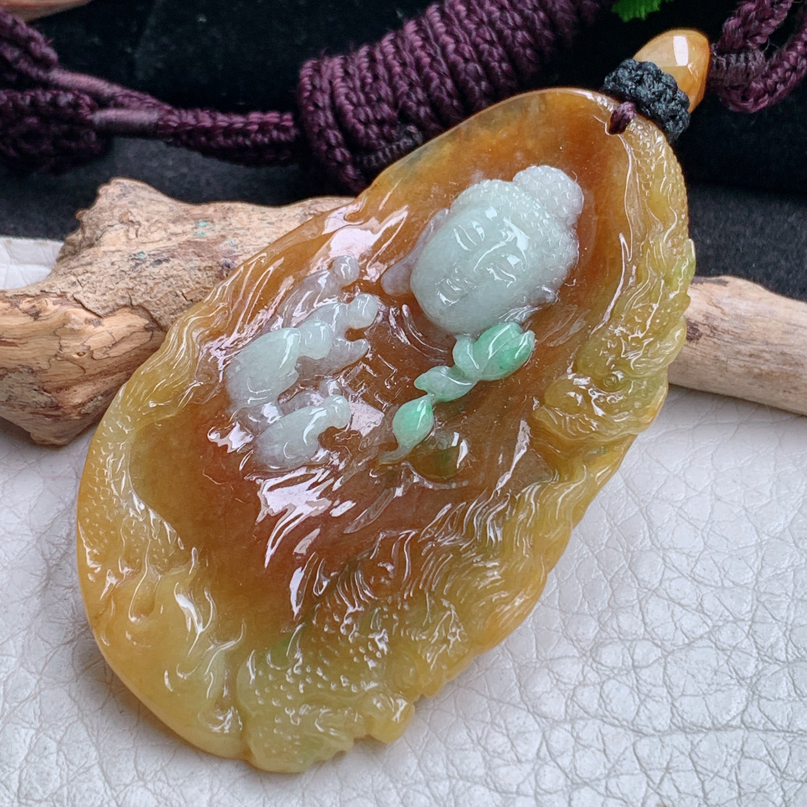 yl实拍61*36*8.2特色缅甸翡翠双彩立体雕花开见佛 普度众生玉吊坠 玉挂件