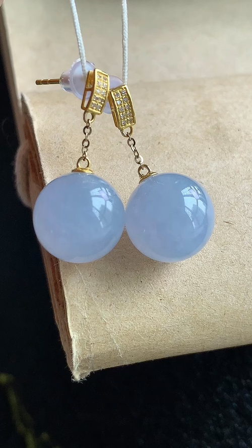 天然翡翠，冰紫珠子，18k金耳坠，尺寸11，编号an423