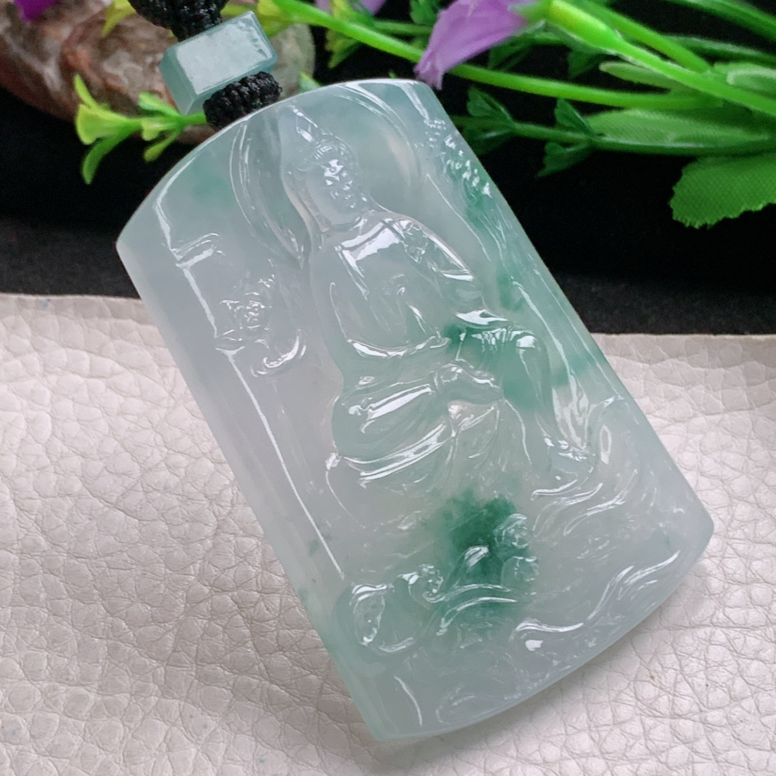 yl实拍66.5*45.8*6.3缅甸翡翠冰飘花观音玉坠 观世音菩萨