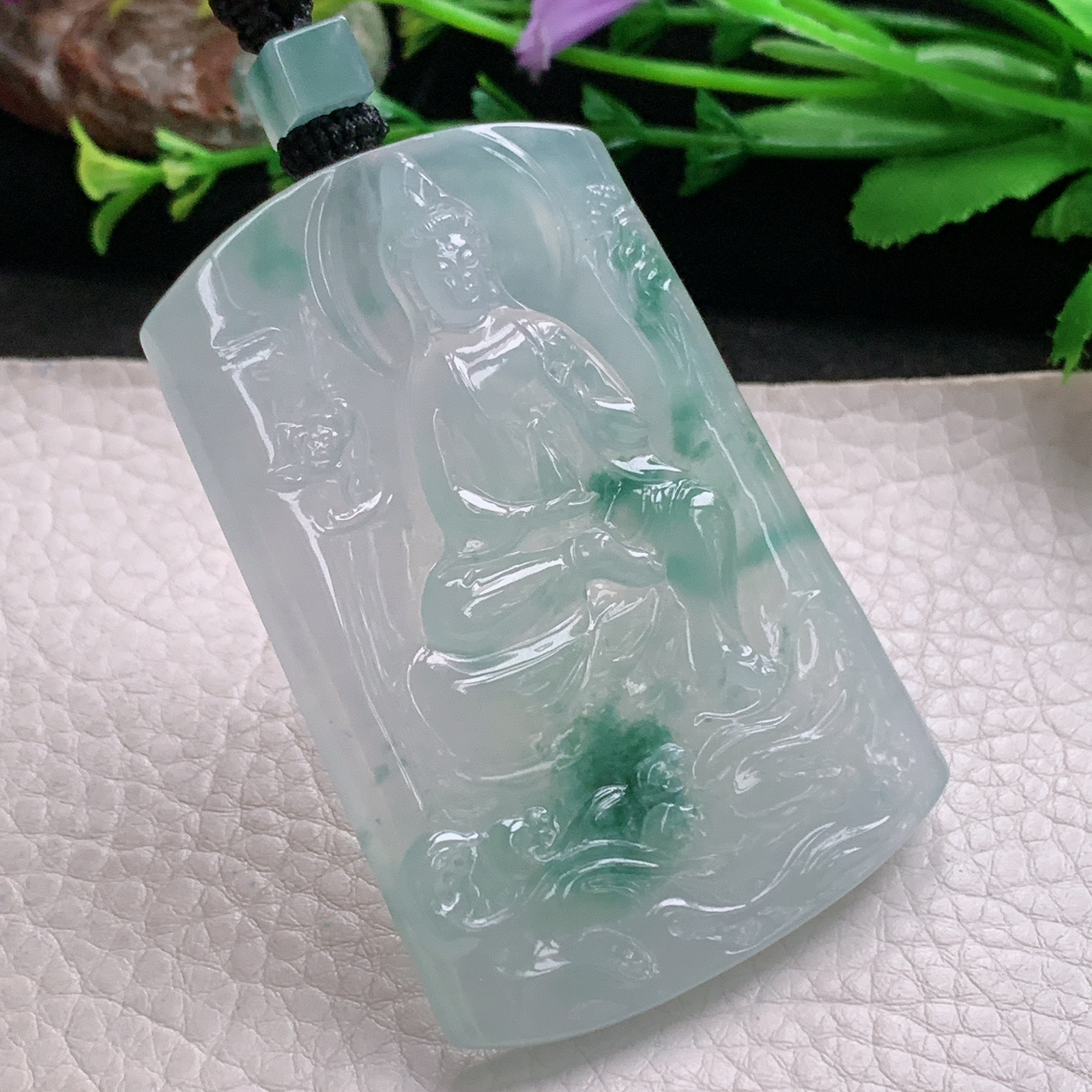 yl实拍66.5*45.8*6.3缅甸翡翠冰飘花观音玉坠 观世音菩萨