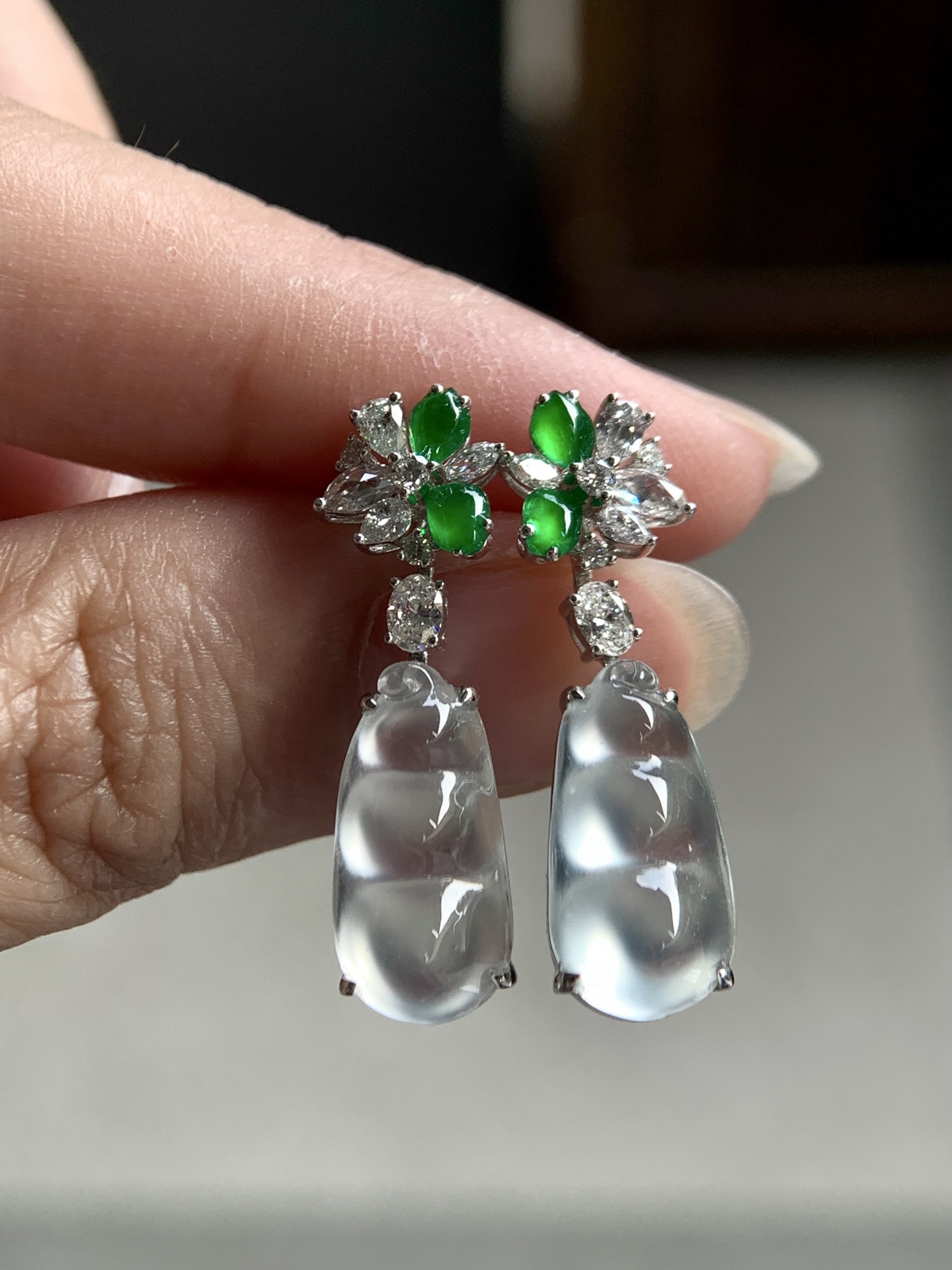 ️ 18k金镶嵌冰福豆耳坠，灵动摇曳，诠释东方雅致尺寸26.5/7.2/5.4，裸石尺寸14.8/7.5