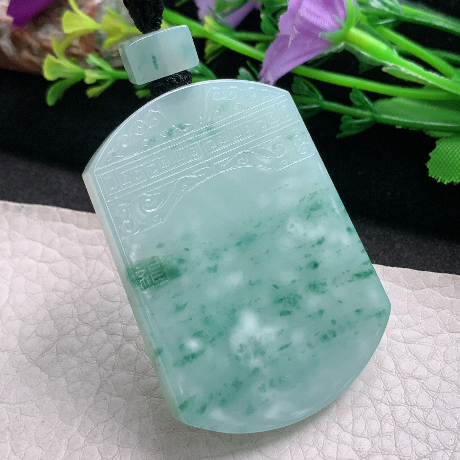 Mut实拍53.8*39.6*5.8缅甸翡翠冰飘花平安无事牌吊坠雕花复古祥云平安牌