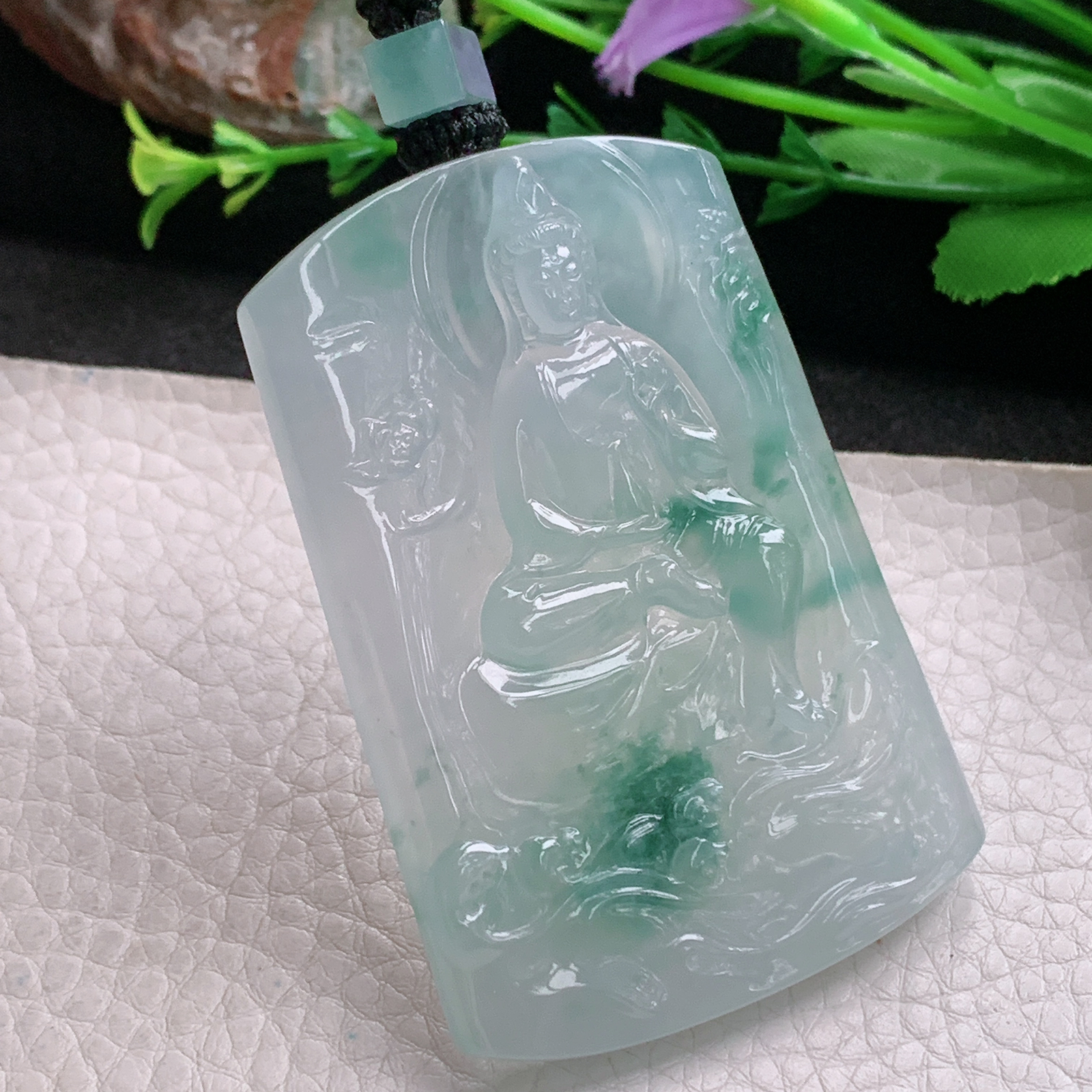 yl实拍66.5*45.8*6.3缅甸翡翠冰飘花观音玉坠 观世音菩萨