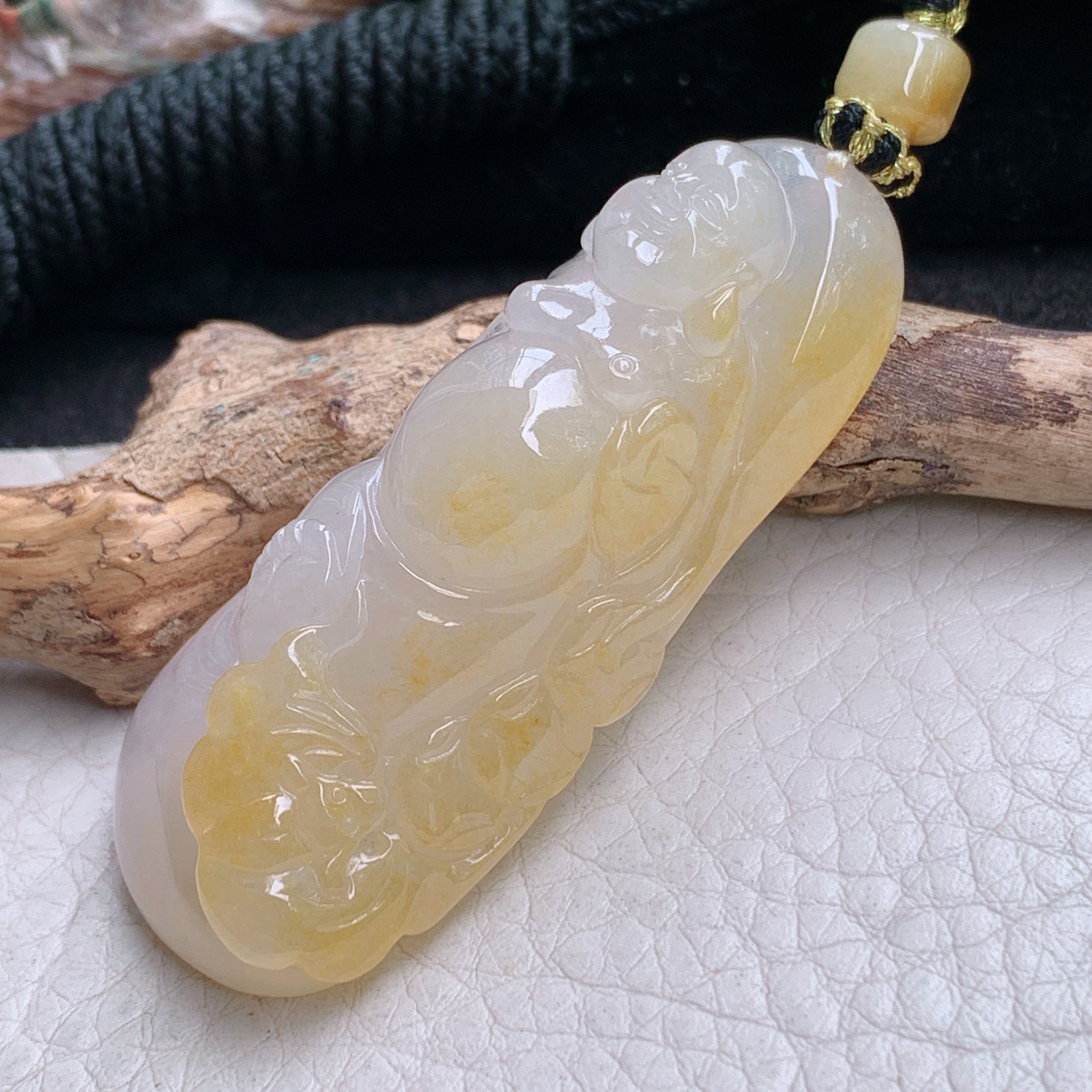 yl实拍54.2*23*15特色缅甸翡翠冰黄立体逍遥佛 站佛玉吊坠 玉挂件