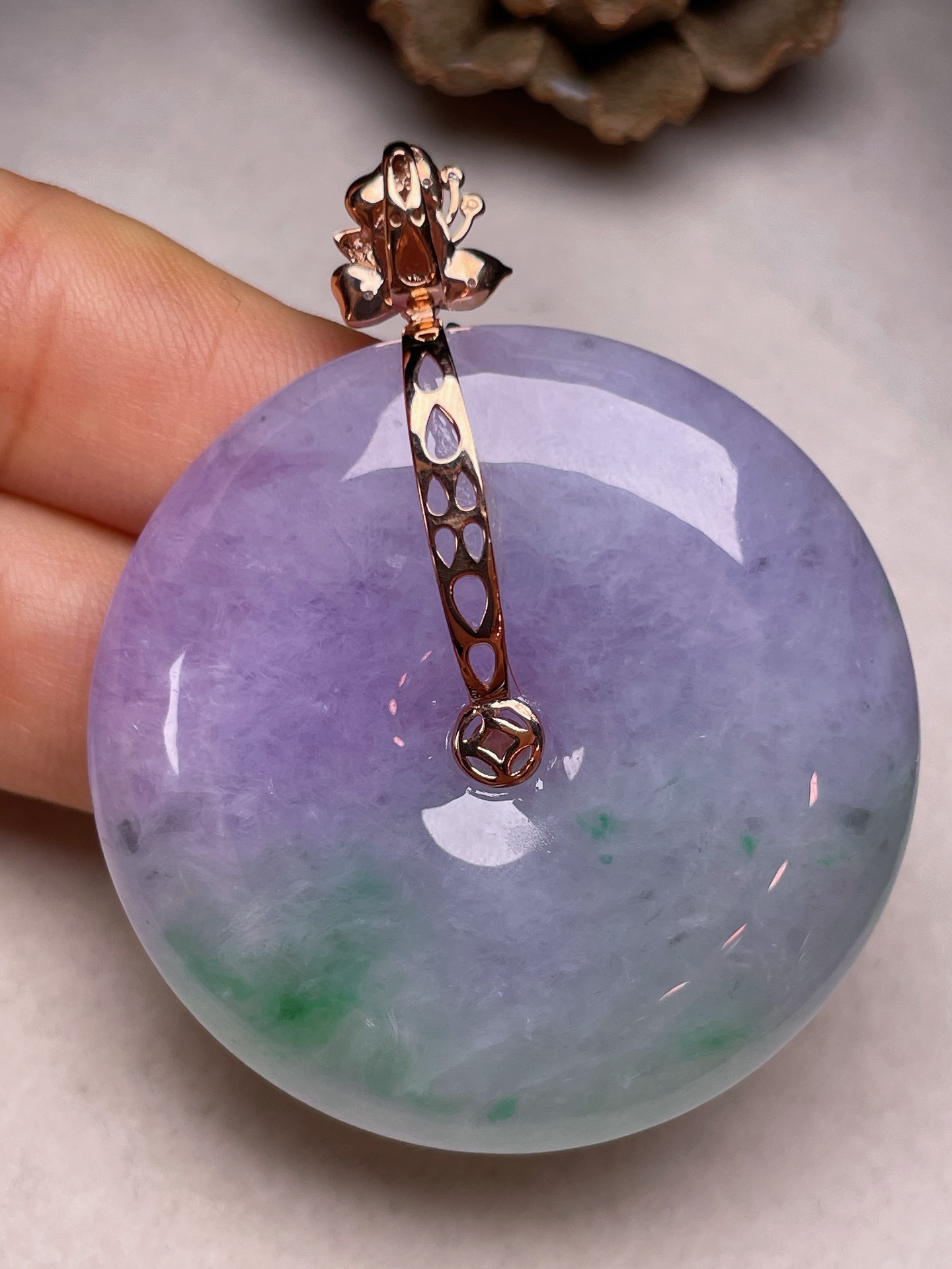 ️ 18K金镶百财聚来，冰糯种满紫，无裂，一手货源长52.8，裸石尺寸43/10，编号