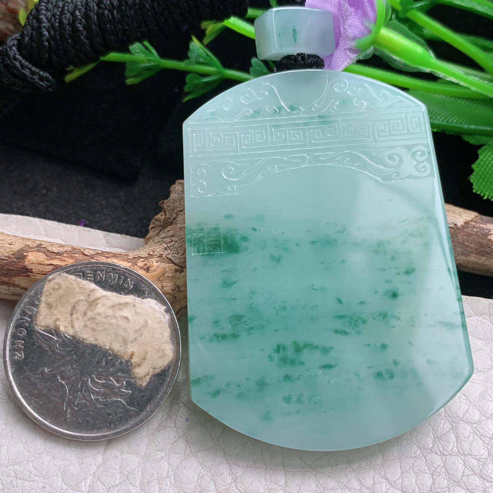 Mut实拍53.8*39.6*5.8缅甸翡翠冰飘花平安无事牌吊坠雕花复古祥云平安牌