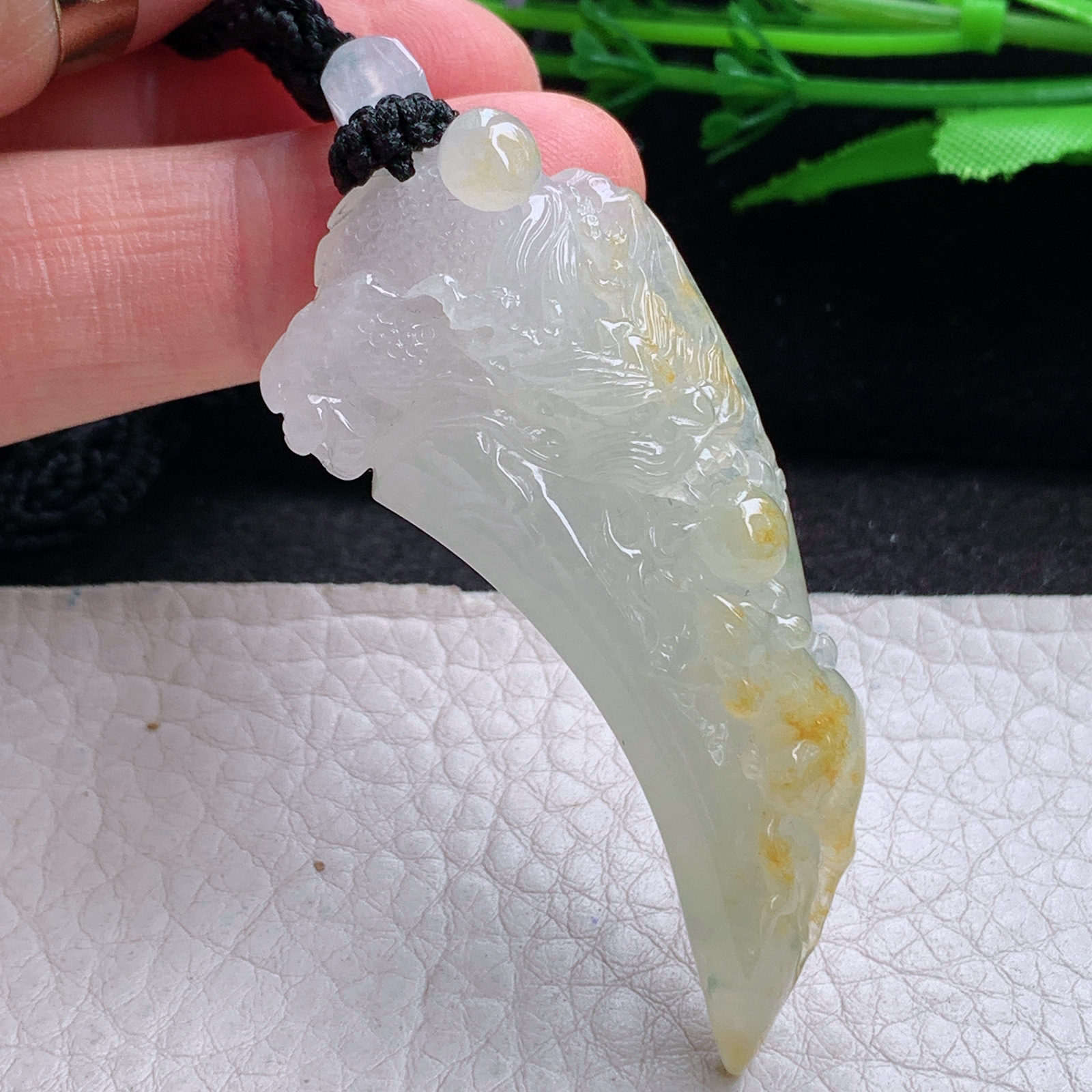 yl实拍56*24.2*10缅甸翡翠冰黄生意兴隆龙牙 龙牌玉吊坠 玉挂件