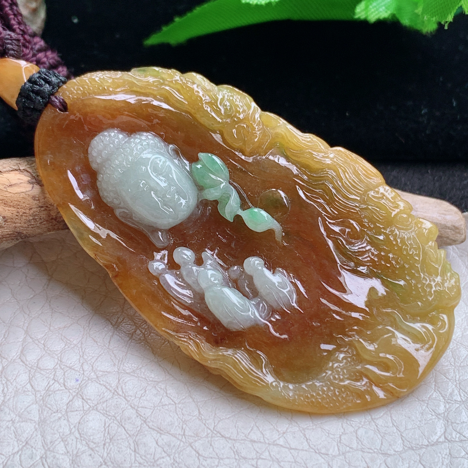 yl实拍61*36*8.2特色缅甸翡翠双彩立体雕花开见佛 普度众生玉吊坠 玉挂件