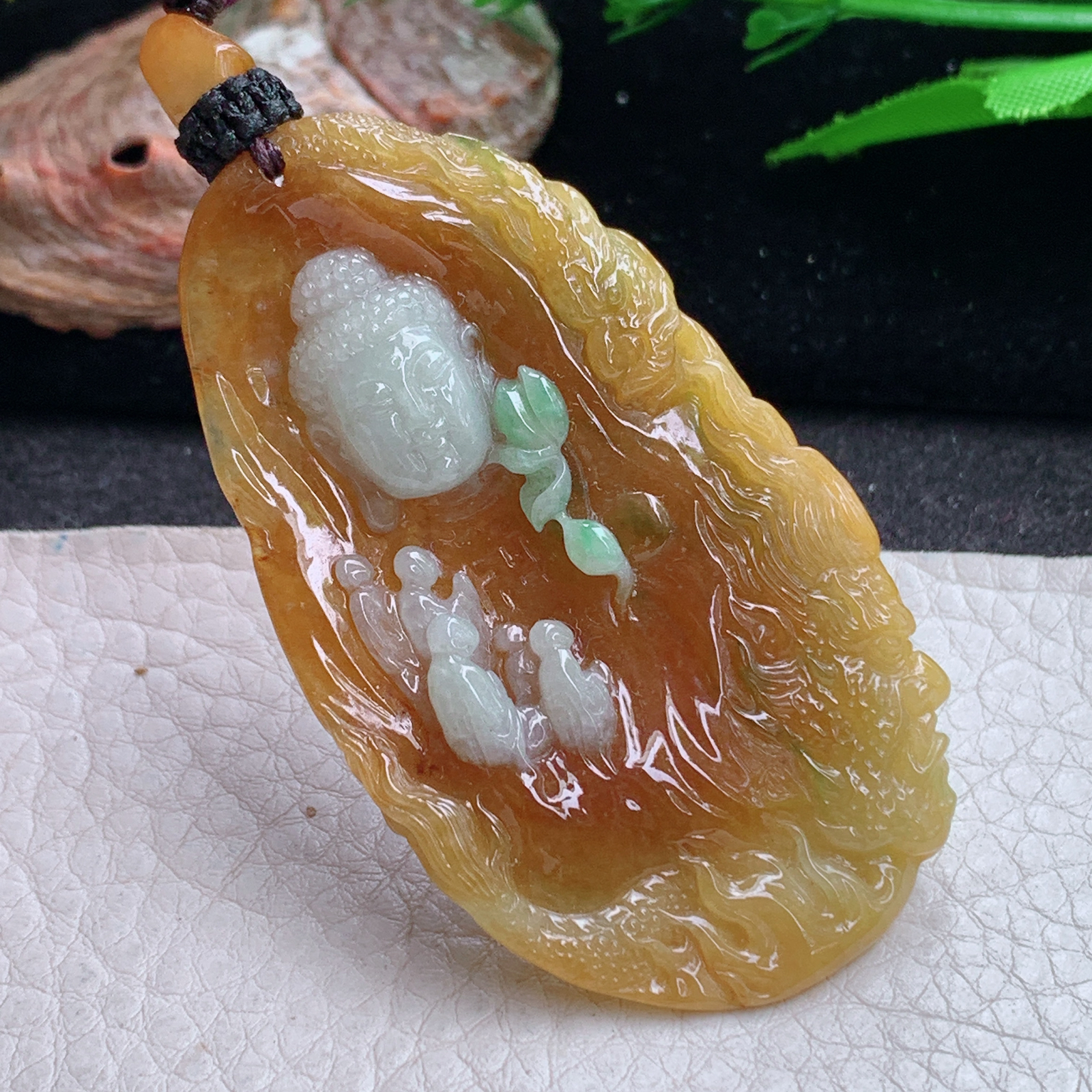 yl实拍61*36*8.2特色缅甸翡翠双彩立体雕花开见佛 普度众生玉吊坠 玉挂件