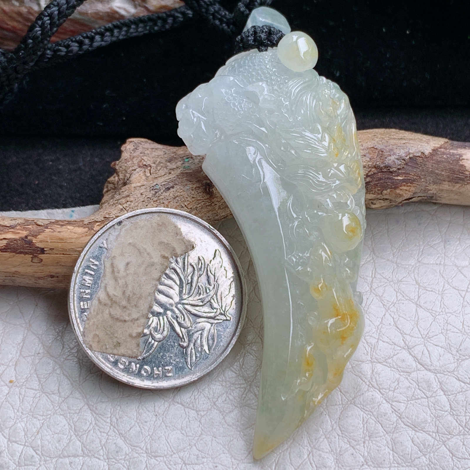 yl实拍56*24.2*10缅甸翡翠冰黄生意兴隆龙牙 龙牌玉吊坠 玉挂件