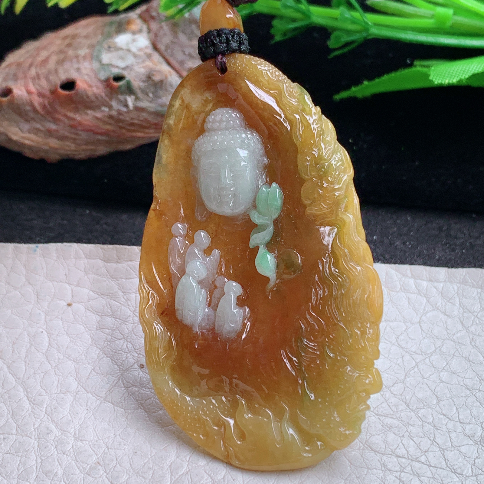 yl实拍61*36*8.2特色缅甸翡翠双彩立体雕花开见佛 普度众生玉吊坠 玉挂件