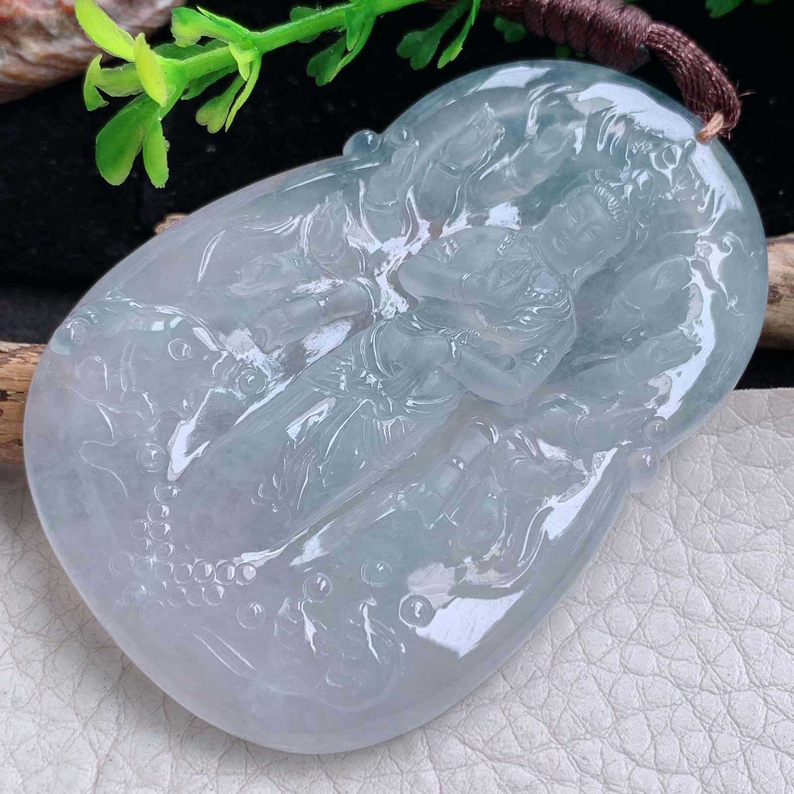 bg实拍62.3*543.5*6缅甸翡翠精雕冰种千手观音 生肖守护神玉吊坠 玉挂件