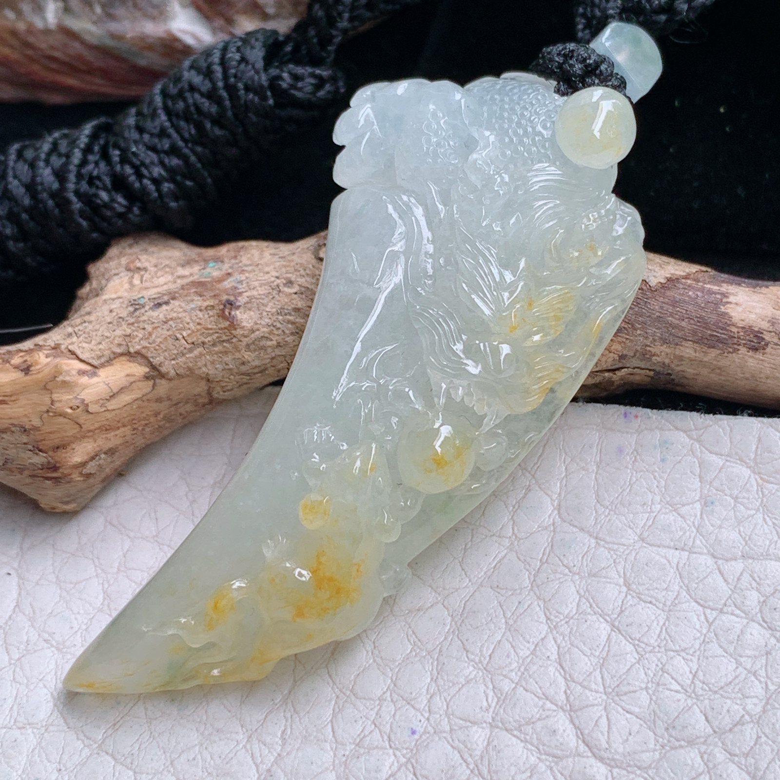 yl实拍56*24.2*10缅甸翡翠冰黄生意兴隆龙牙 龙牌玉吊坠 玉挂件