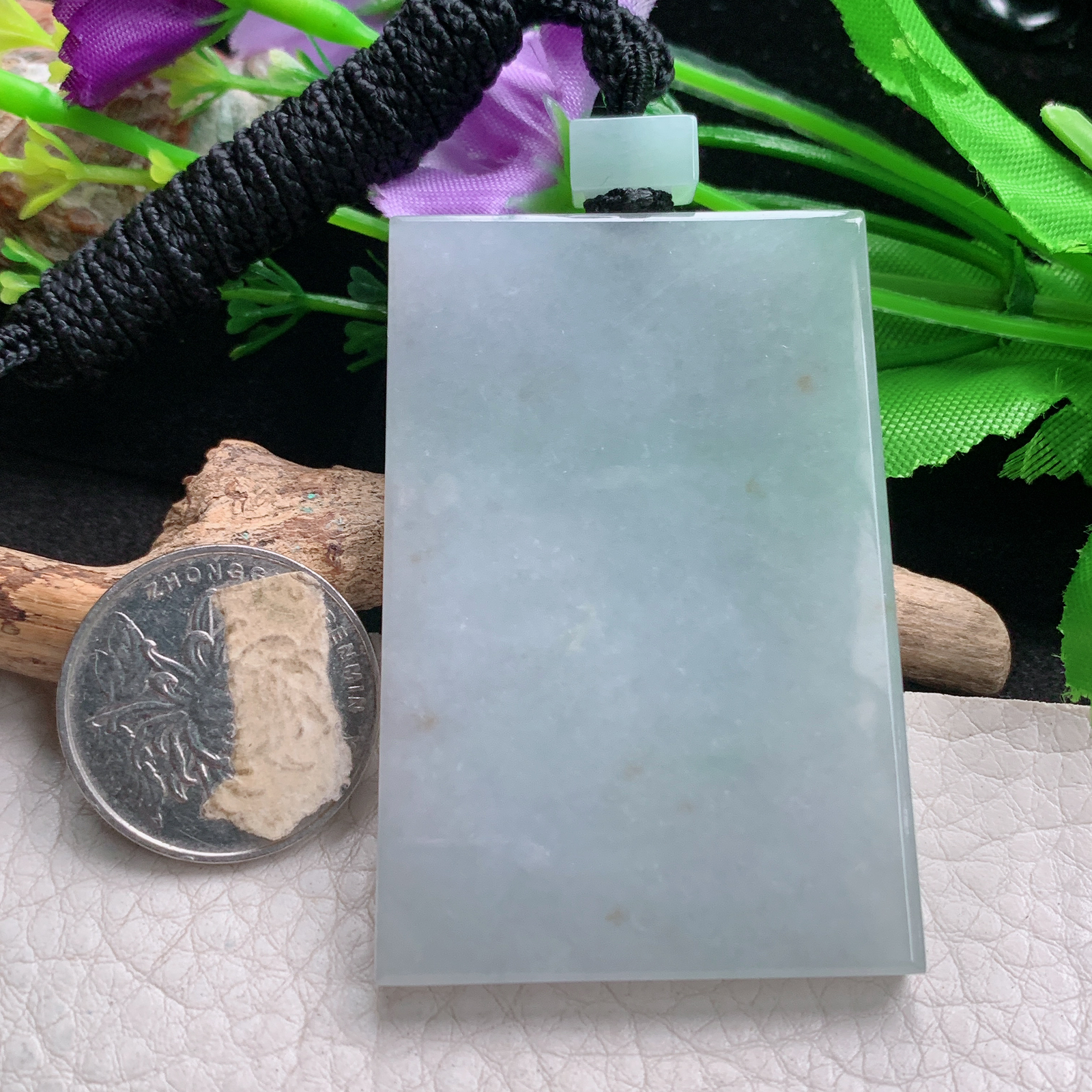 Mut实拍59.5*40*6.3缅甸翡翠平安无事牌吊坠方牌素面玉坠男款四六牌