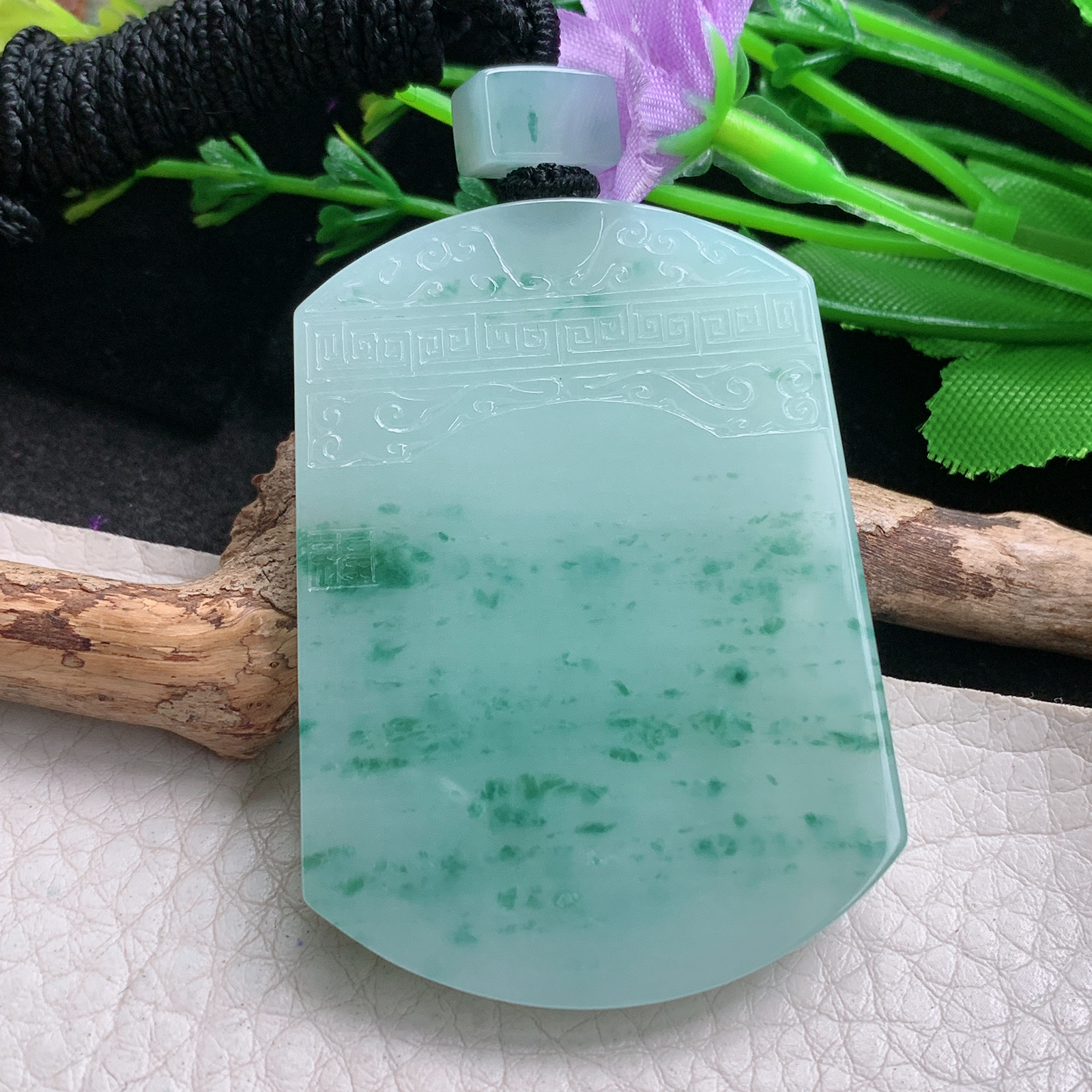 Mut实拍53.8*39.6*5.8缅甸翡翠冰飘花平安无事牌吊坠雕花复古祥云平安牌