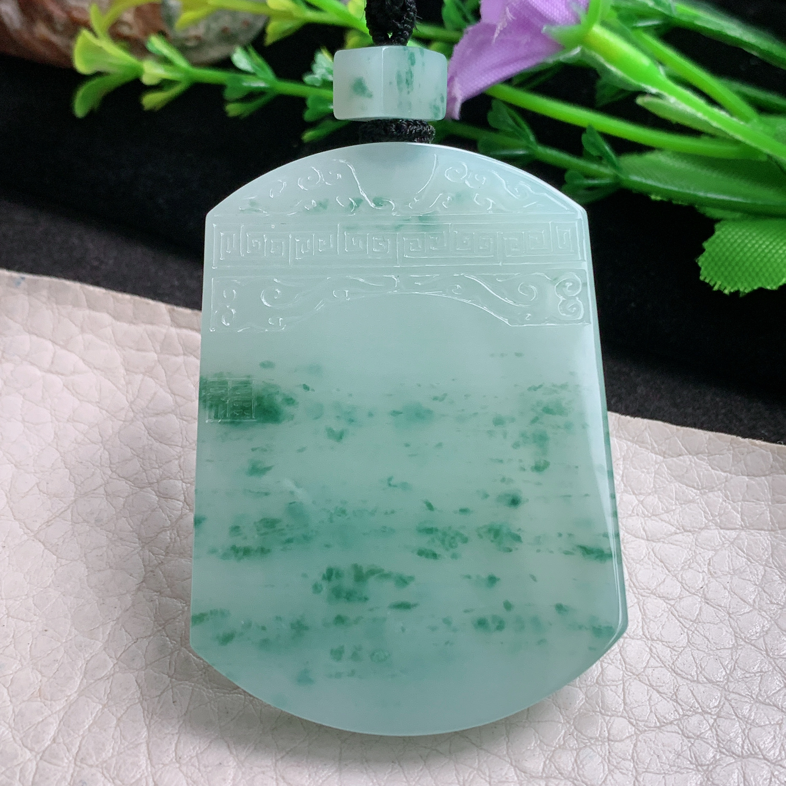 Mut实拍53.8*39.6*5.8缅甸翡翠冰飘花平安无事牌吊坠雕花复古祥云平安牌