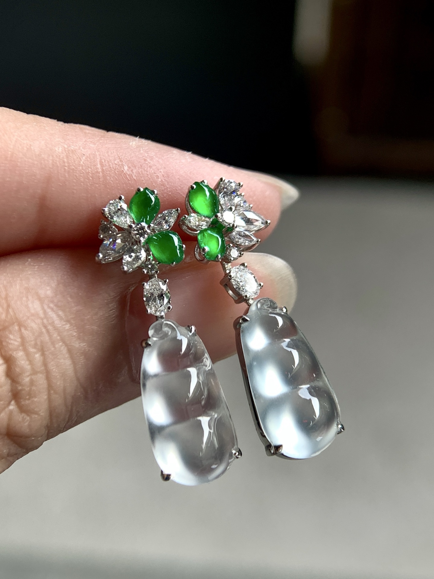 ️ 18k金镶嵌冰福豆耳坠，灵动摇曳，诠释东方雅致尺寸26.5/7.2/5.4，裸石尺寸14.8/7.5