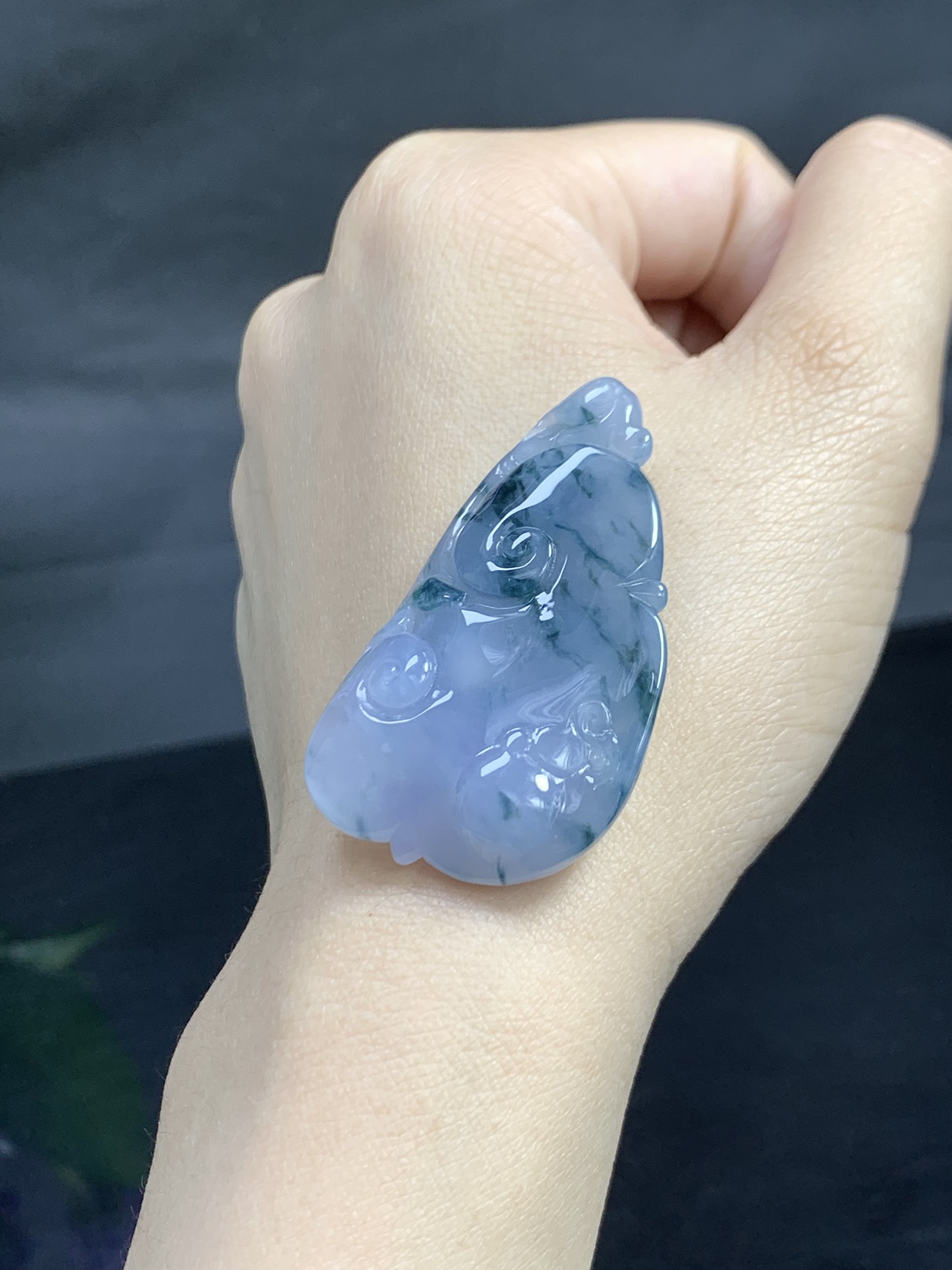 冰种紫飘花如意，色泽浓郁，尺寸45.8/27/7.4，【B10927BEH】