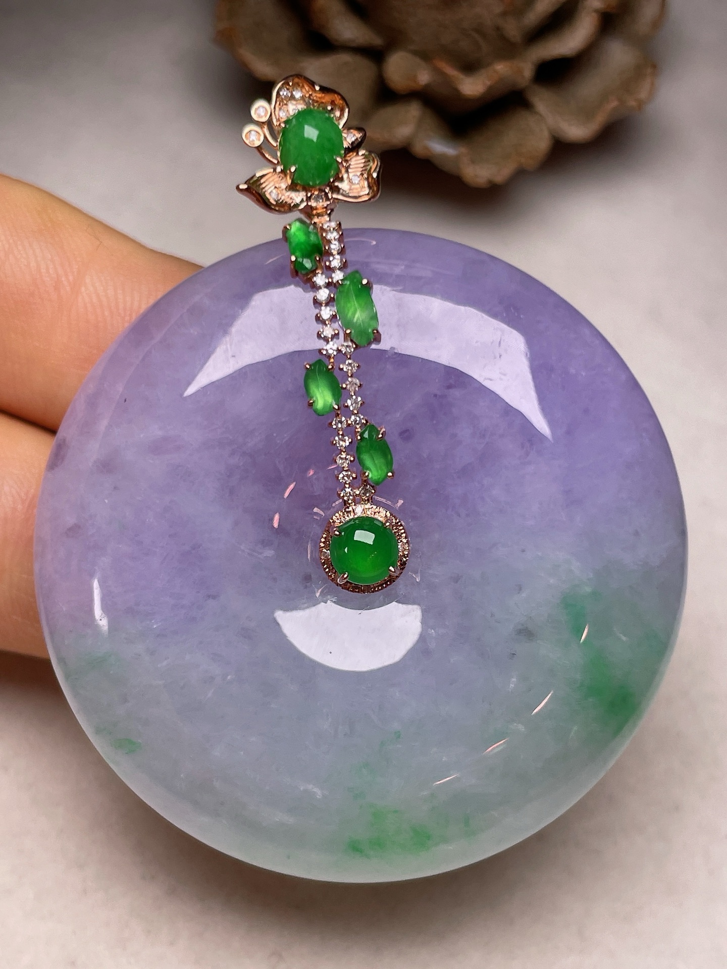 ️ 18K金镶百财聚来，冰糯种满紫，无裂，一手货源长52.8，裸石尺寸43/10，编号