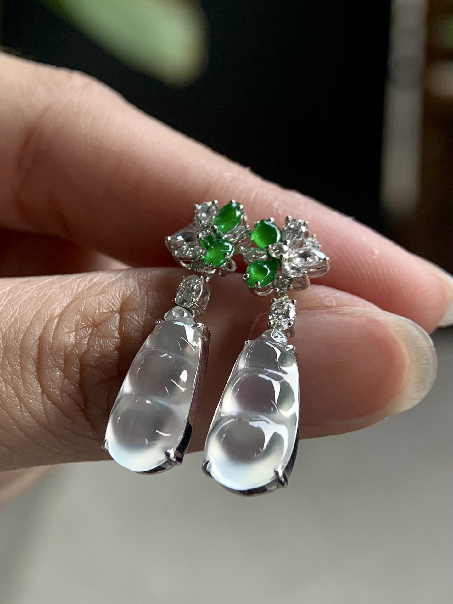 ️ 18k金镶嵌冰福豆耳坠，灵动摇曳，诠释东方雅致尺寸26.5/7.2/5.4，裸石尺寸14.8/7.5