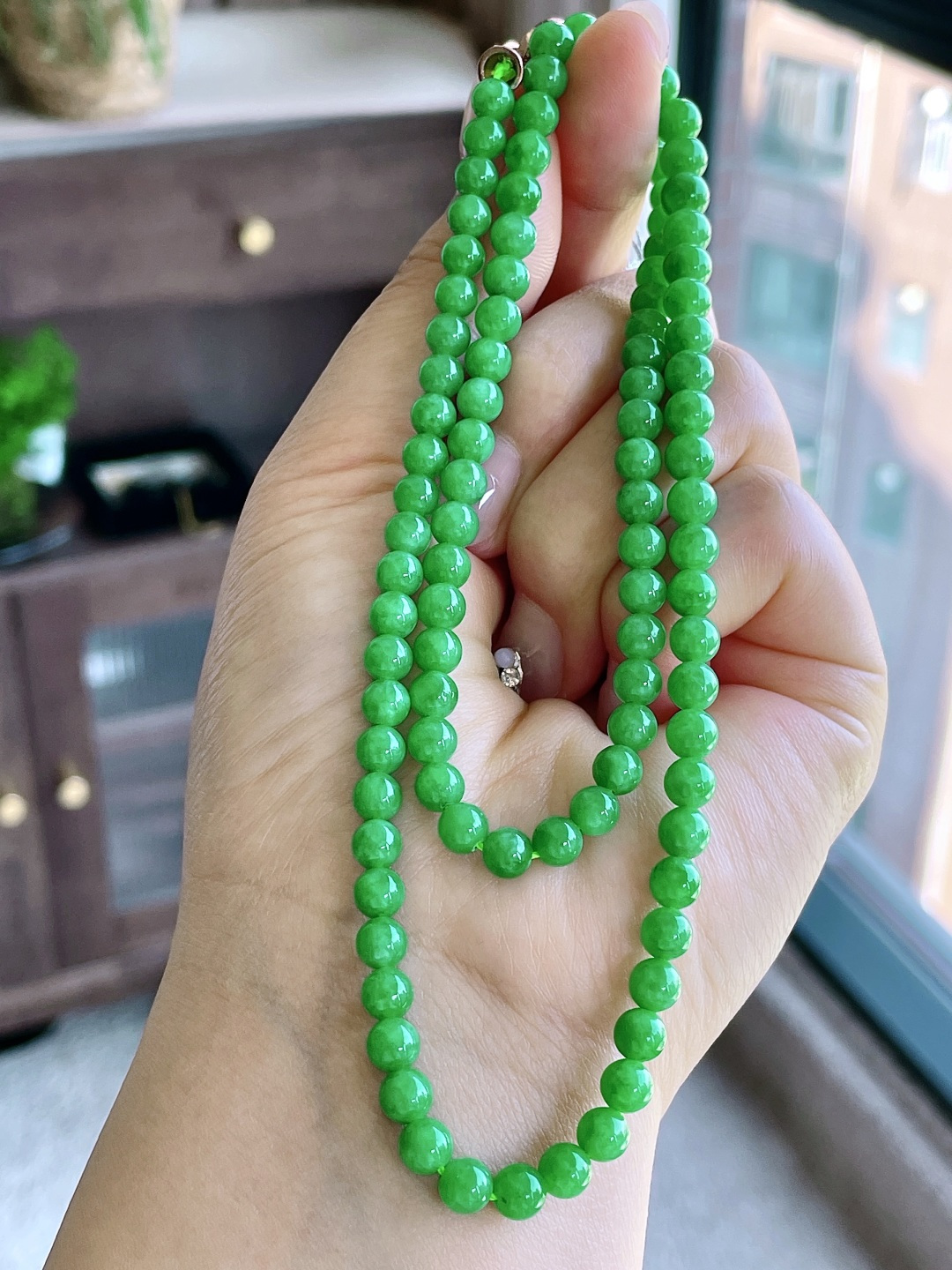 冰阳绿珠链圆珠珠子珠链，缅甸，性比高，5.3mm，28cm，31.3克