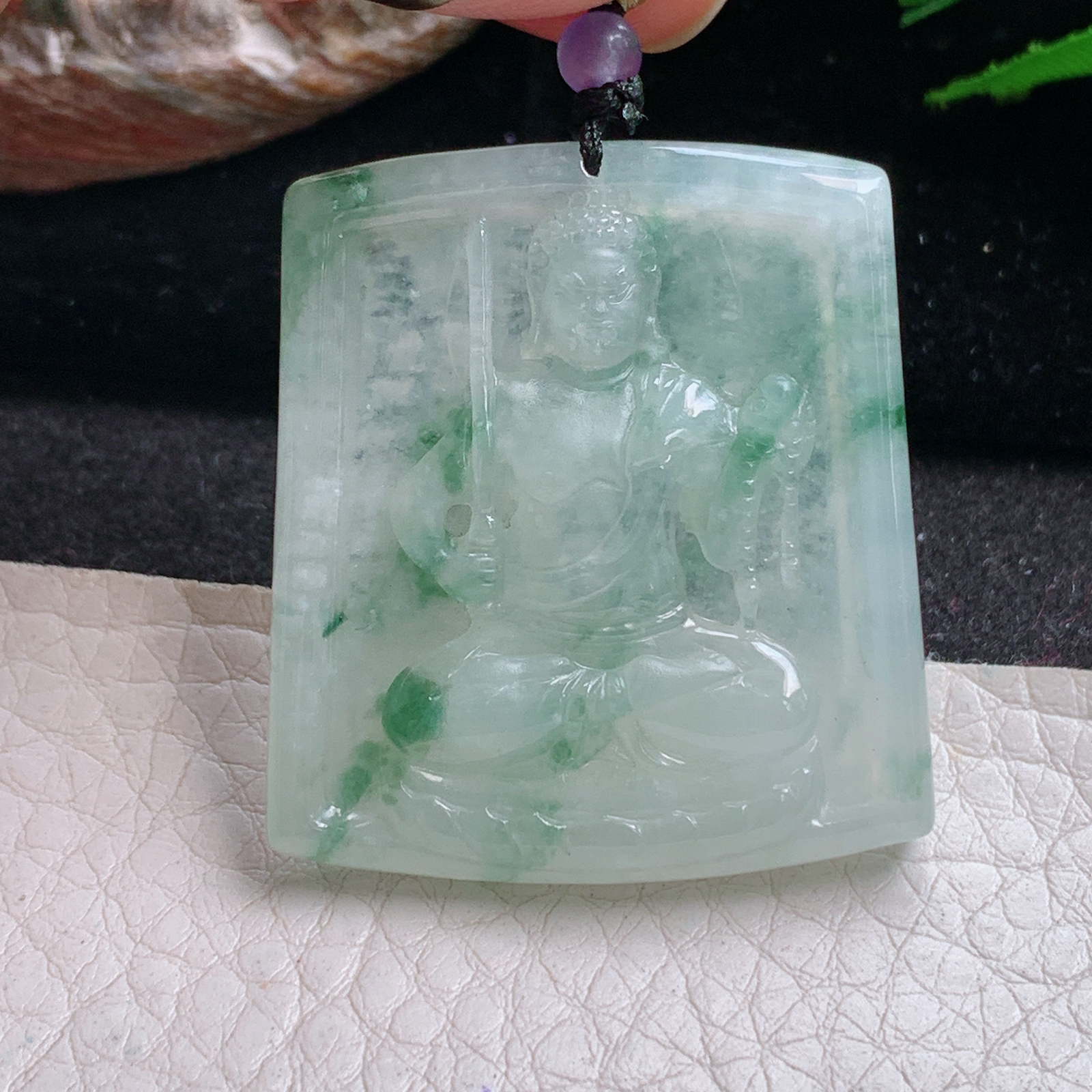 t实拍37.5*34*5.3缅甸翡翠A货精雕冰飘花不动冥王 生肖守护神玉吊坠 玉挂件