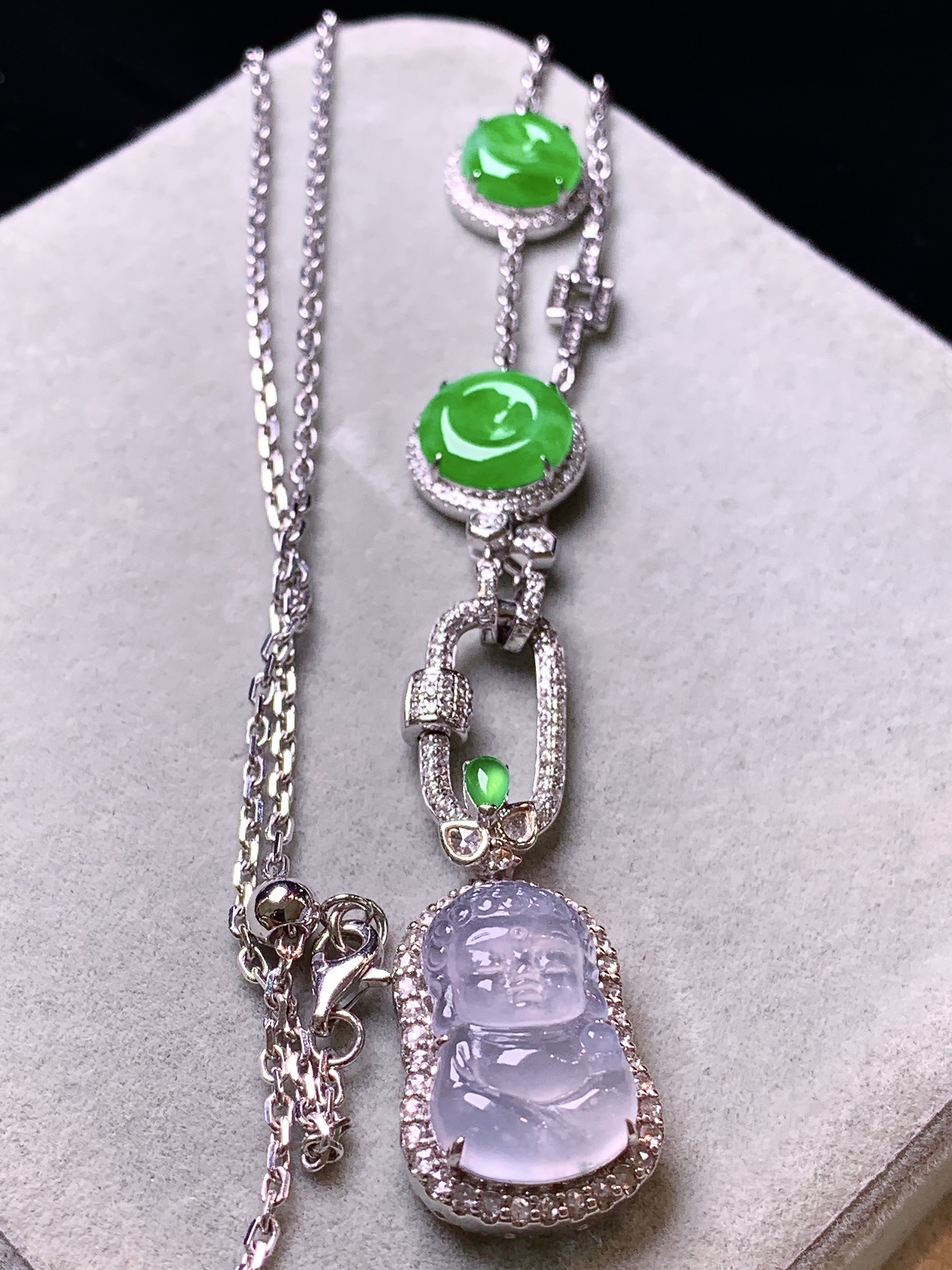 18k金钻镶嵌冰种宝宝佛搭配阳绿平安扣多用项链 玉质细腻 色泽艳丽清新 水润亮眼 整体尺寸27*14*7.5m5