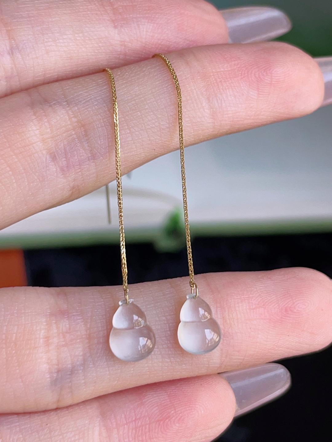 ️ 葫芦耳坠，冰润通透，种老水润，18k金镶嵌，裸石 8/5.8